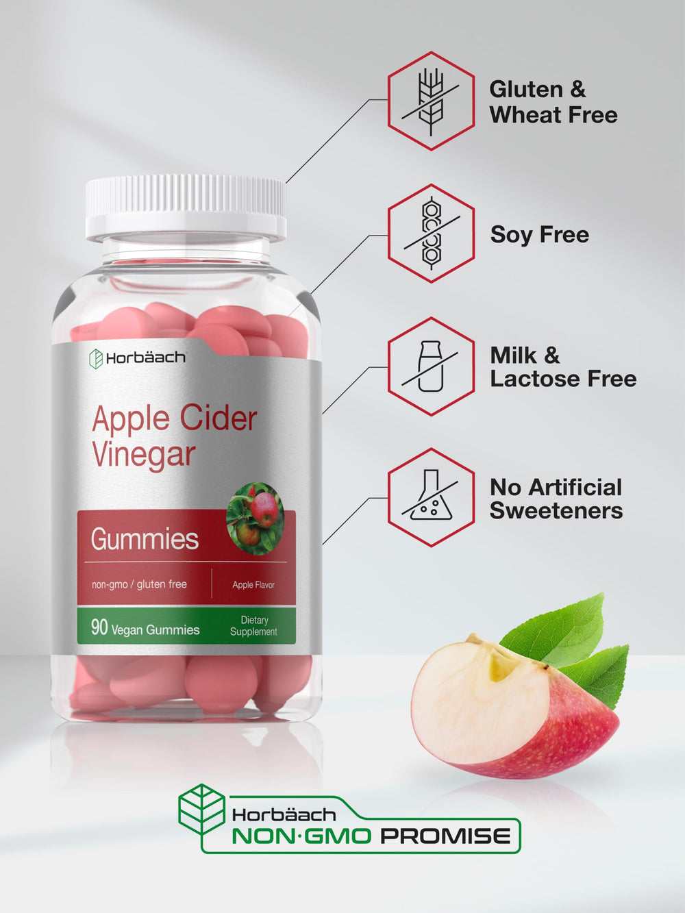 Horbäach gummies packaging highlighting gluten-free and non-GMO ingredients.