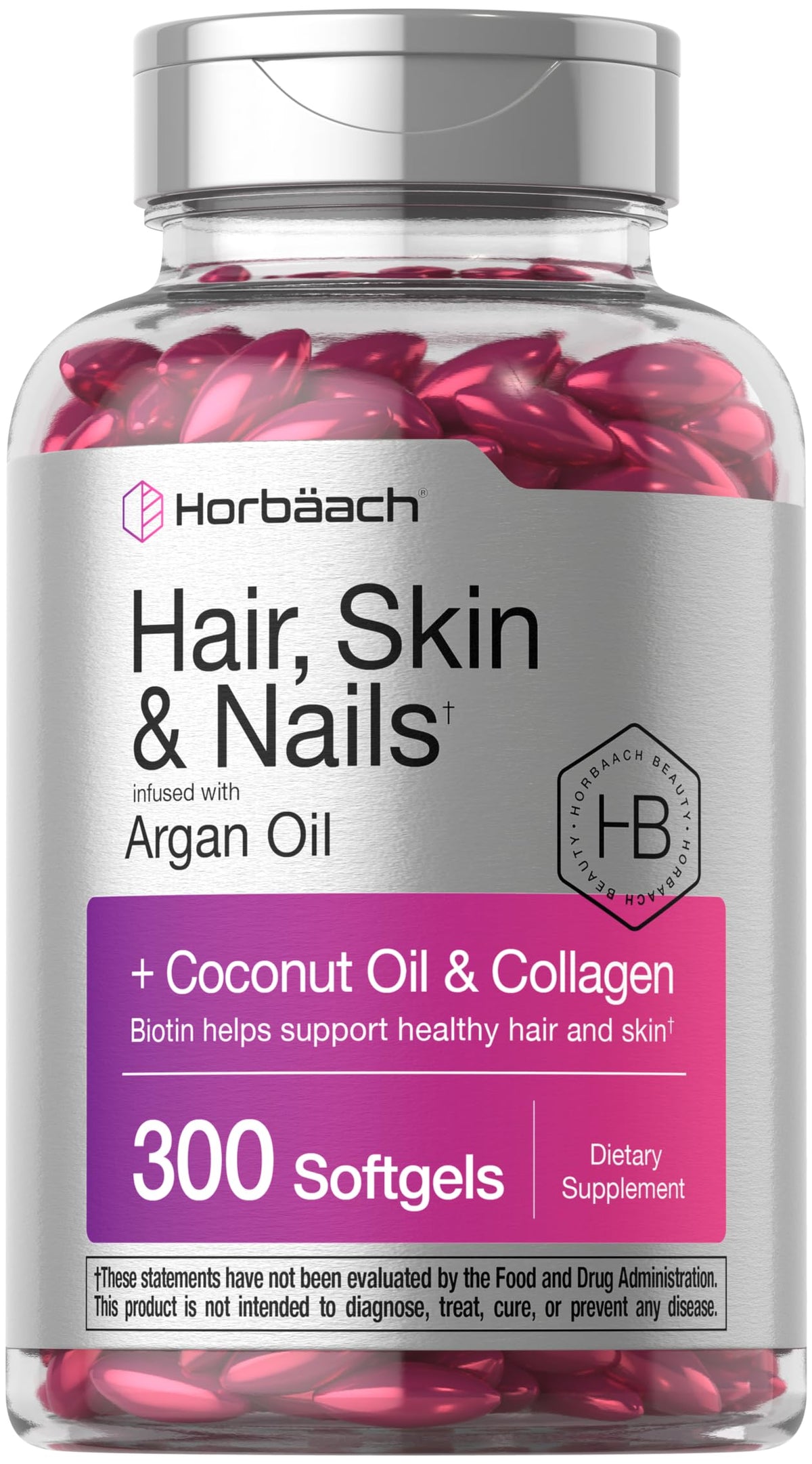 Horbäach Hair Skin and Nails softgels bottle pour for daily beauty support.