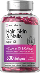 Horbäach Hair Skin and Nails softgels bottle pour for daily beauty support.