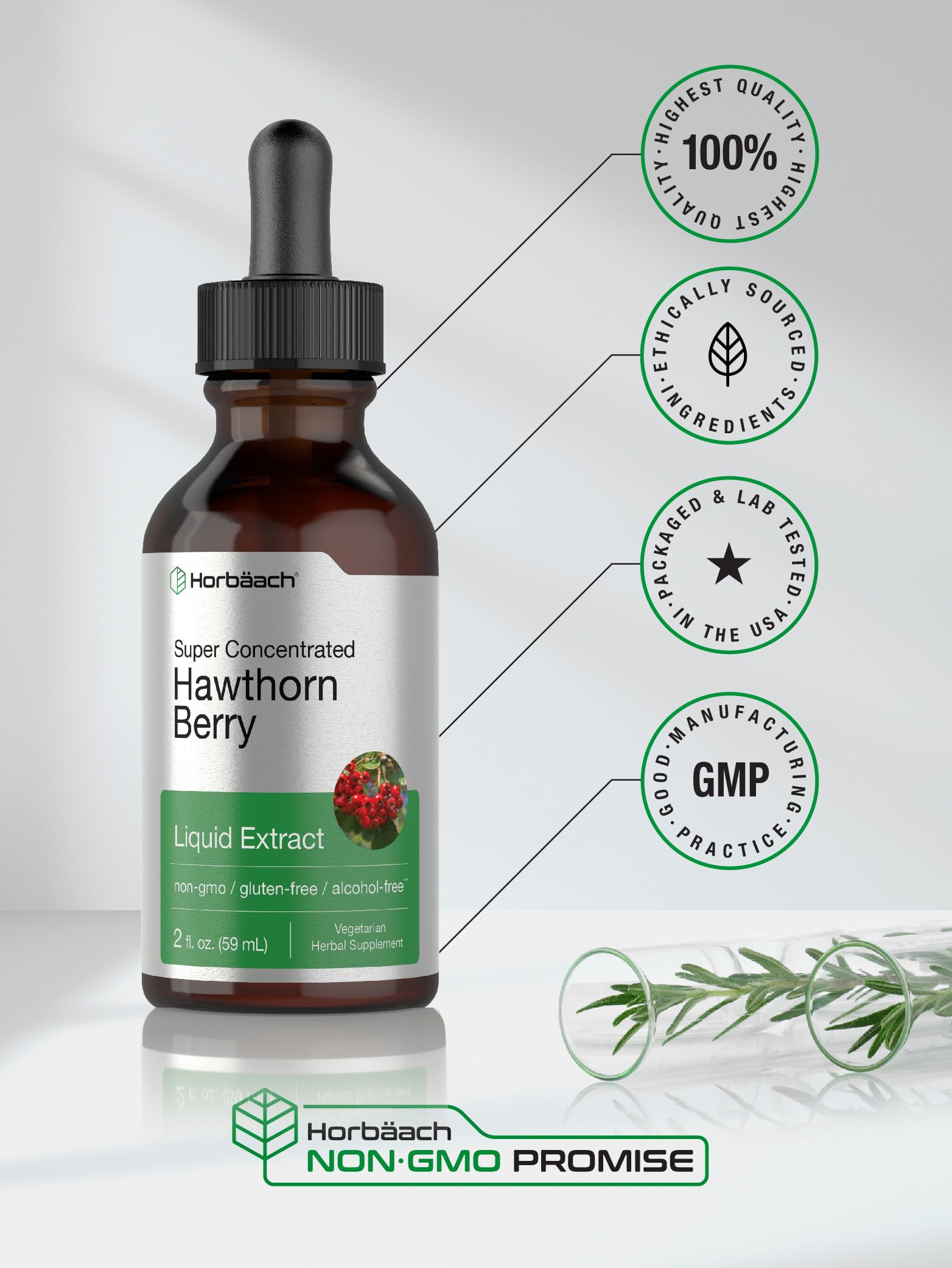 Alcohol-free Horbaach Hawthorn Berry Extract bottle with dropper