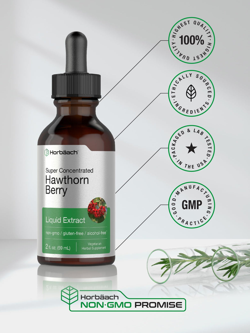 Alcohol-free Horbaach Hawthorn Berry Extract bottle with dropper