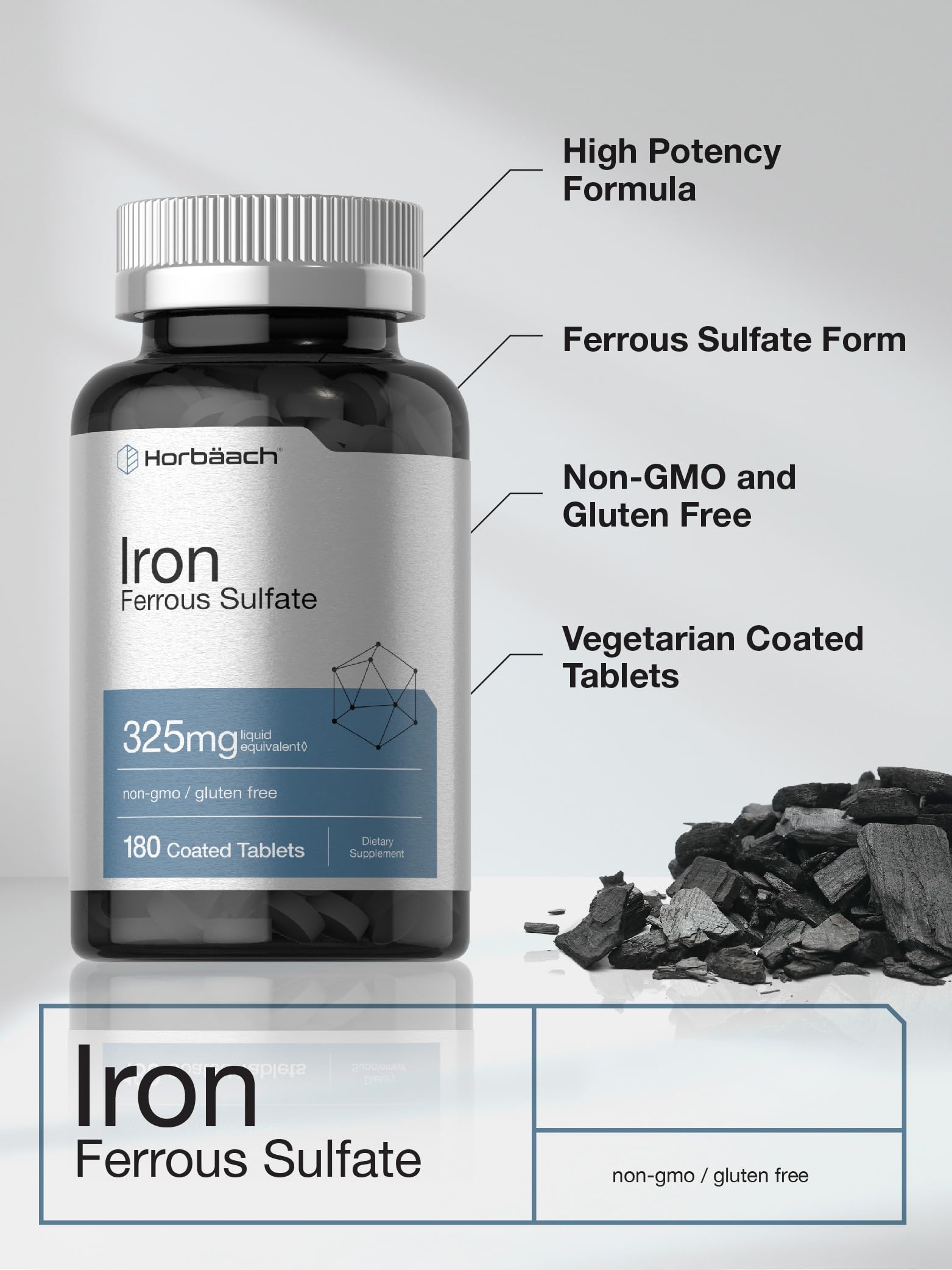 Horbäach Ferrous Sulfate label with ingredients and quality details