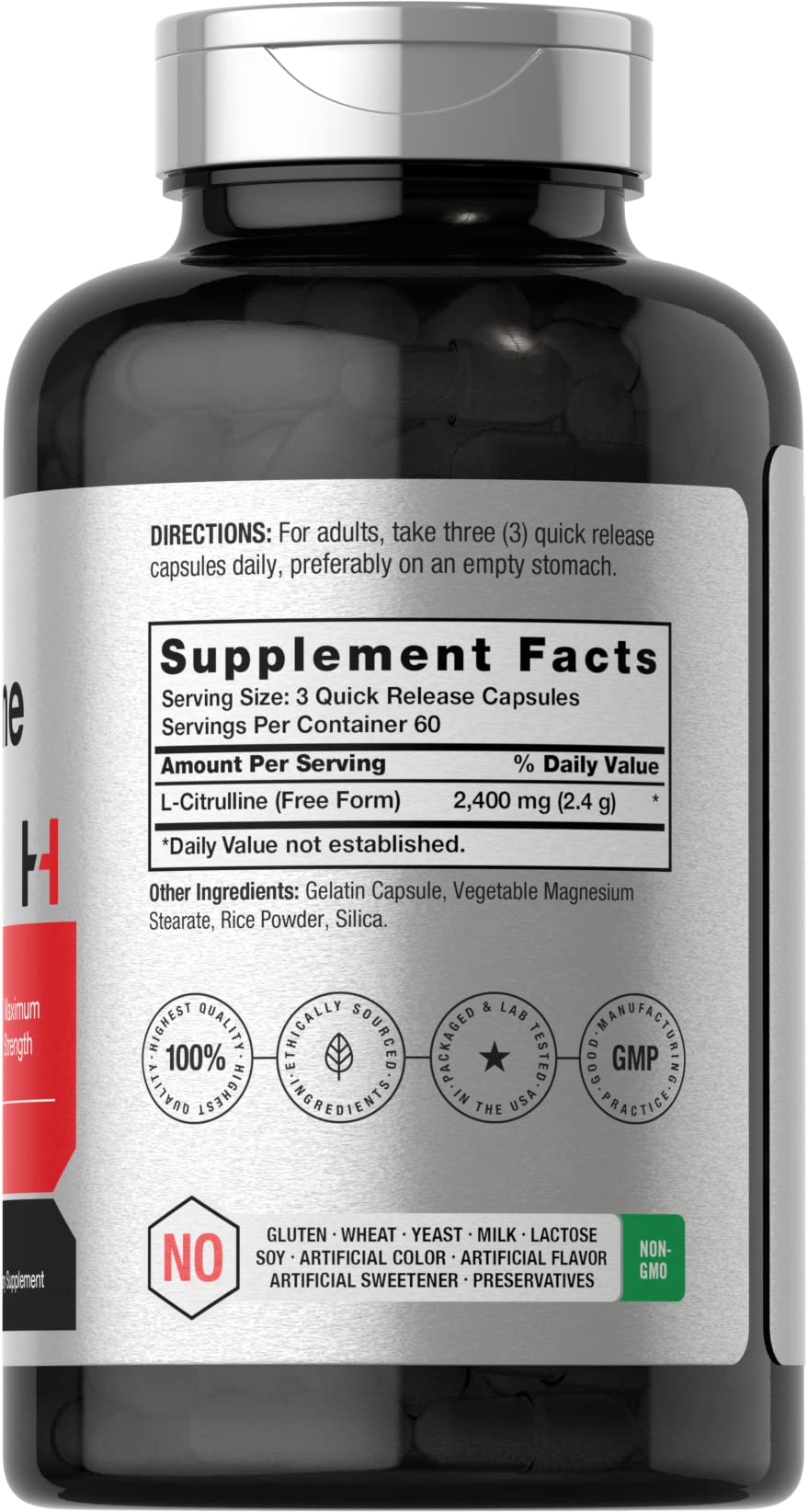 Horbaach L-Citrulline bottle back shows gluten-free and non-GMO labeling