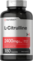 Horbaach L-Citrulline bottle front emphasizes maximum-strength capsules for workouts
