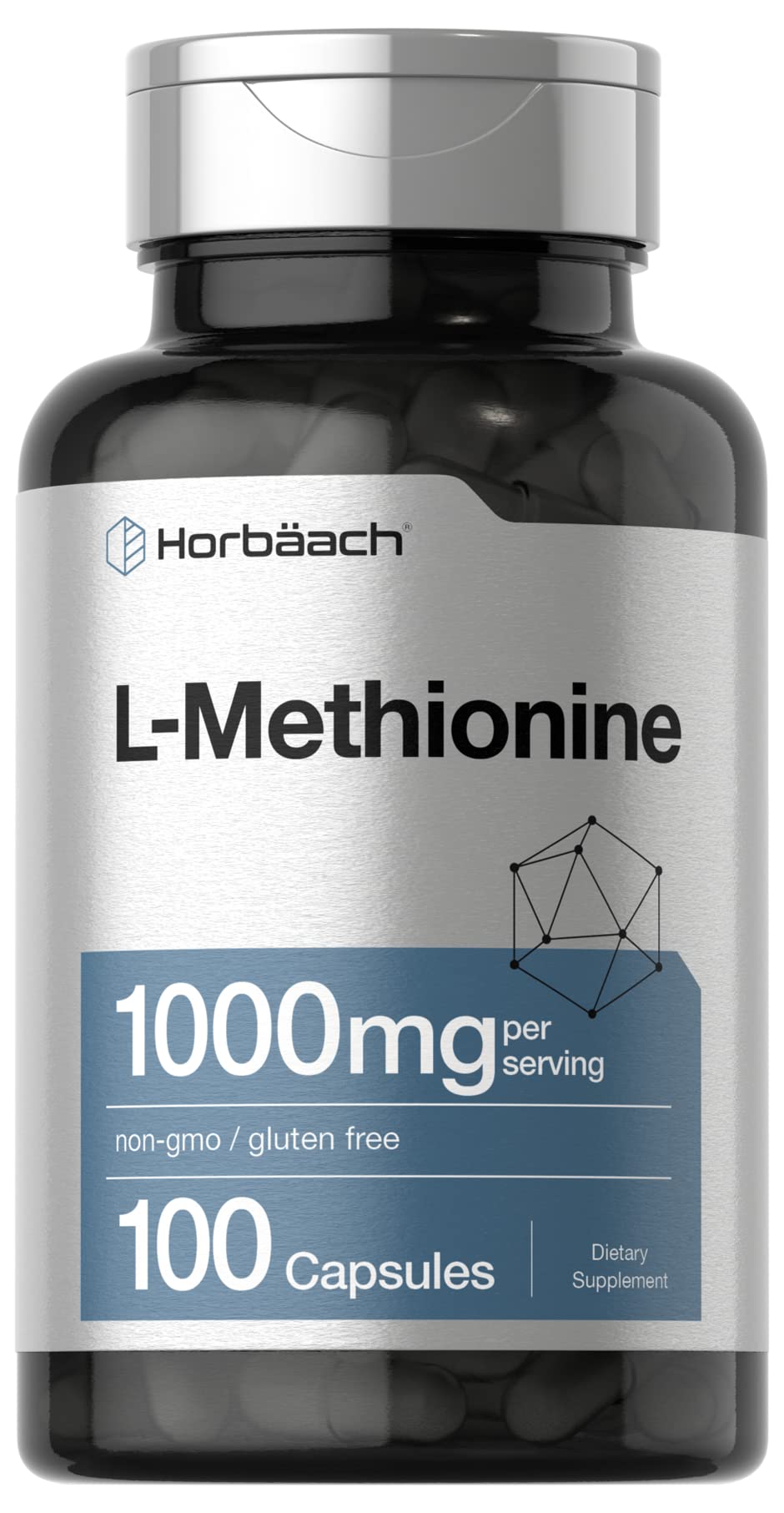 Horbäach L-Methionine bottle front showing premium supplement packaging for balanced amino acids