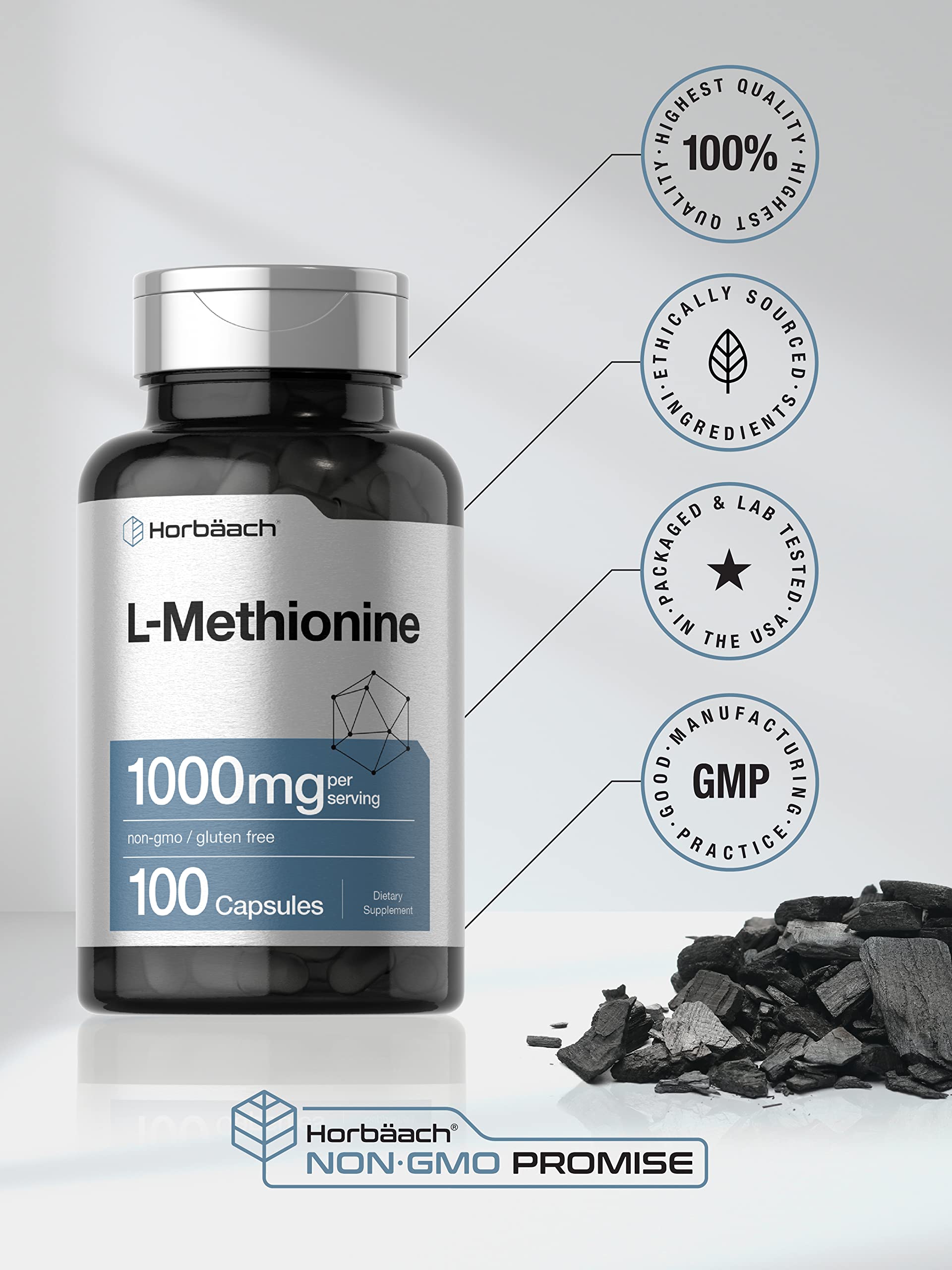 Horbäach L-Methionine free-from icons emphasizing allergen safety and clean ingredients