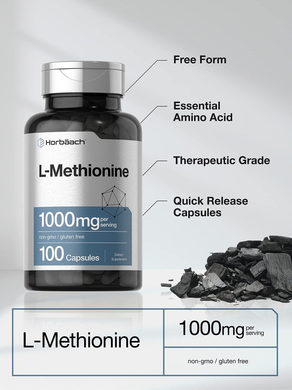 Horbäach L-Methionine serving size packaging with 1,000 mg per serving clearly listed