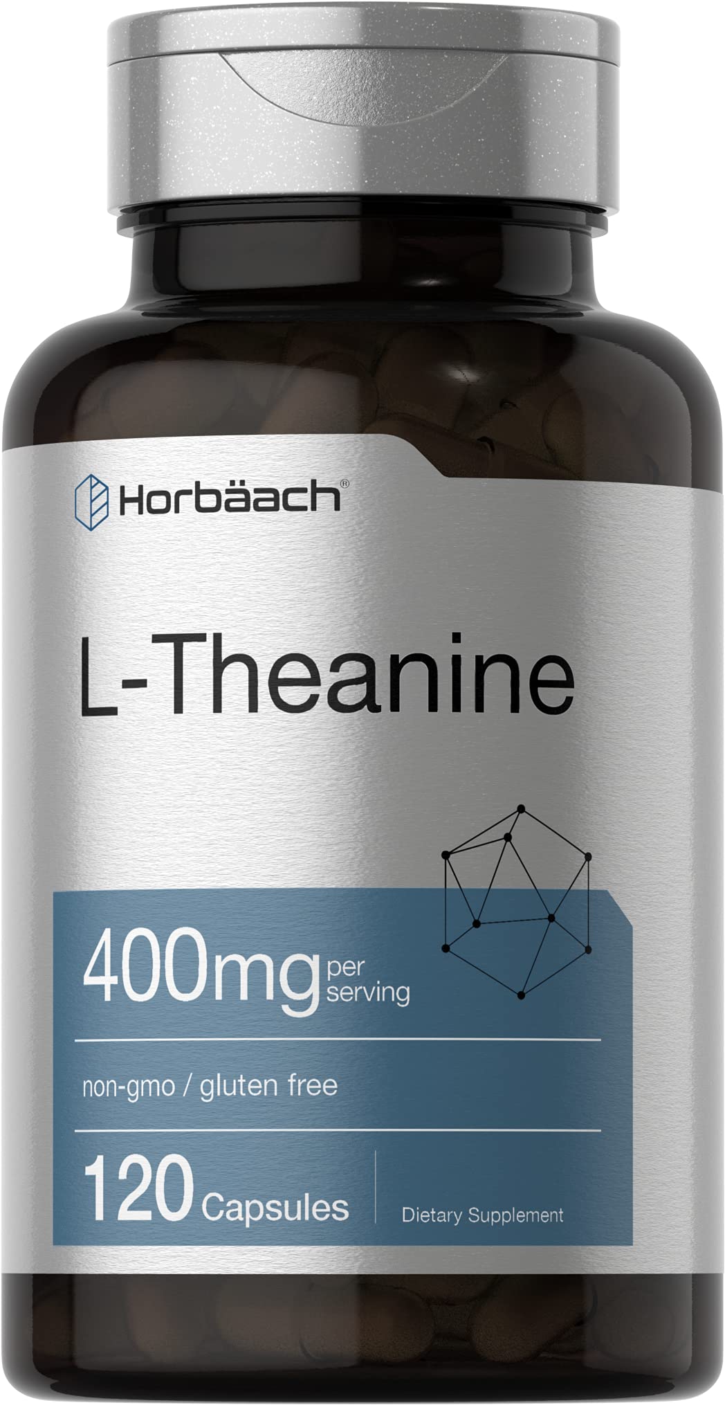Horbäach L-Theanine 400mg bottle with capsules for daily calm and focus