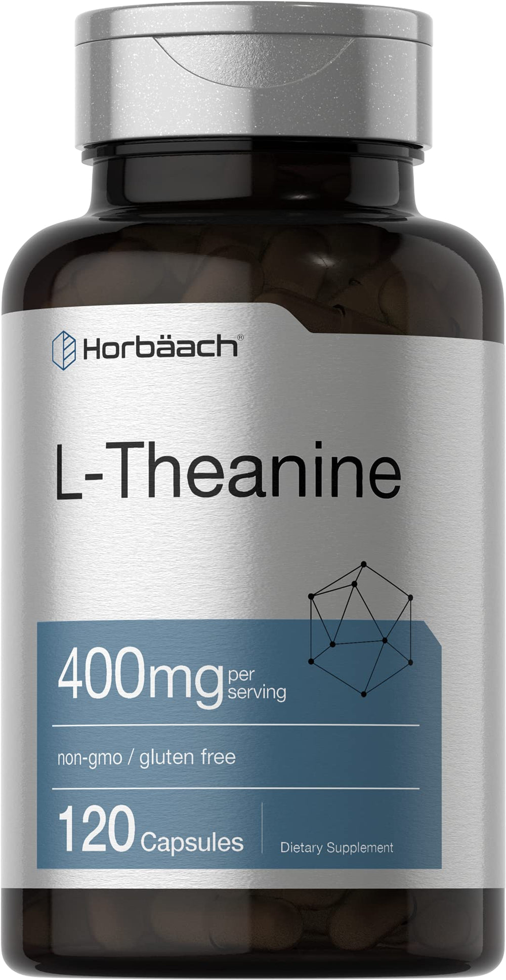 Horbäach L-Theanine 400mg bottle with capsules for daily calm and focus