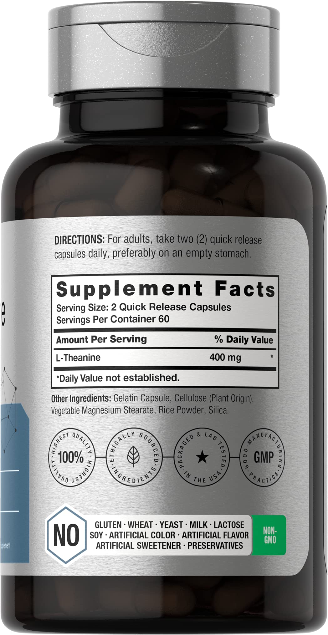 Horbäach L-Theanine capsules close-up showing quick-release design for convenience