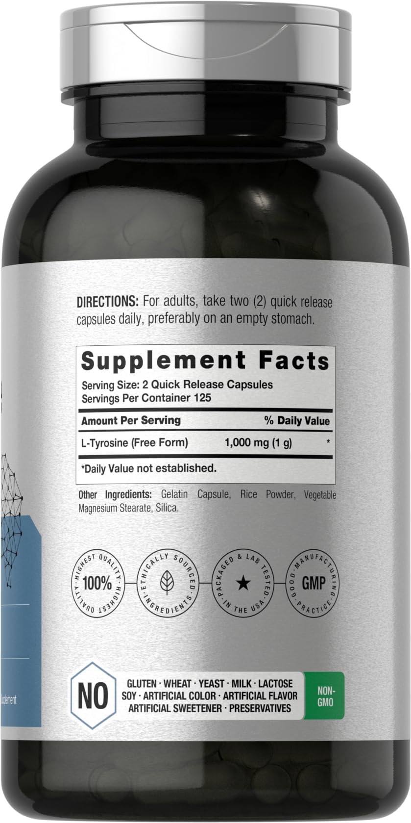 Close-up of Horbäach L-Tyrosine capsules highlighting quick-release design