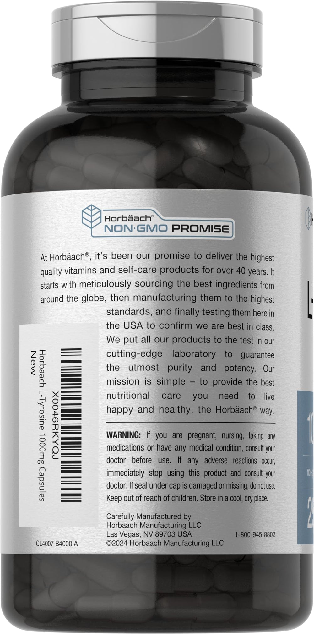 Packaging of Horbäach L-Tyrosine shows gluten-free and non-GMO features