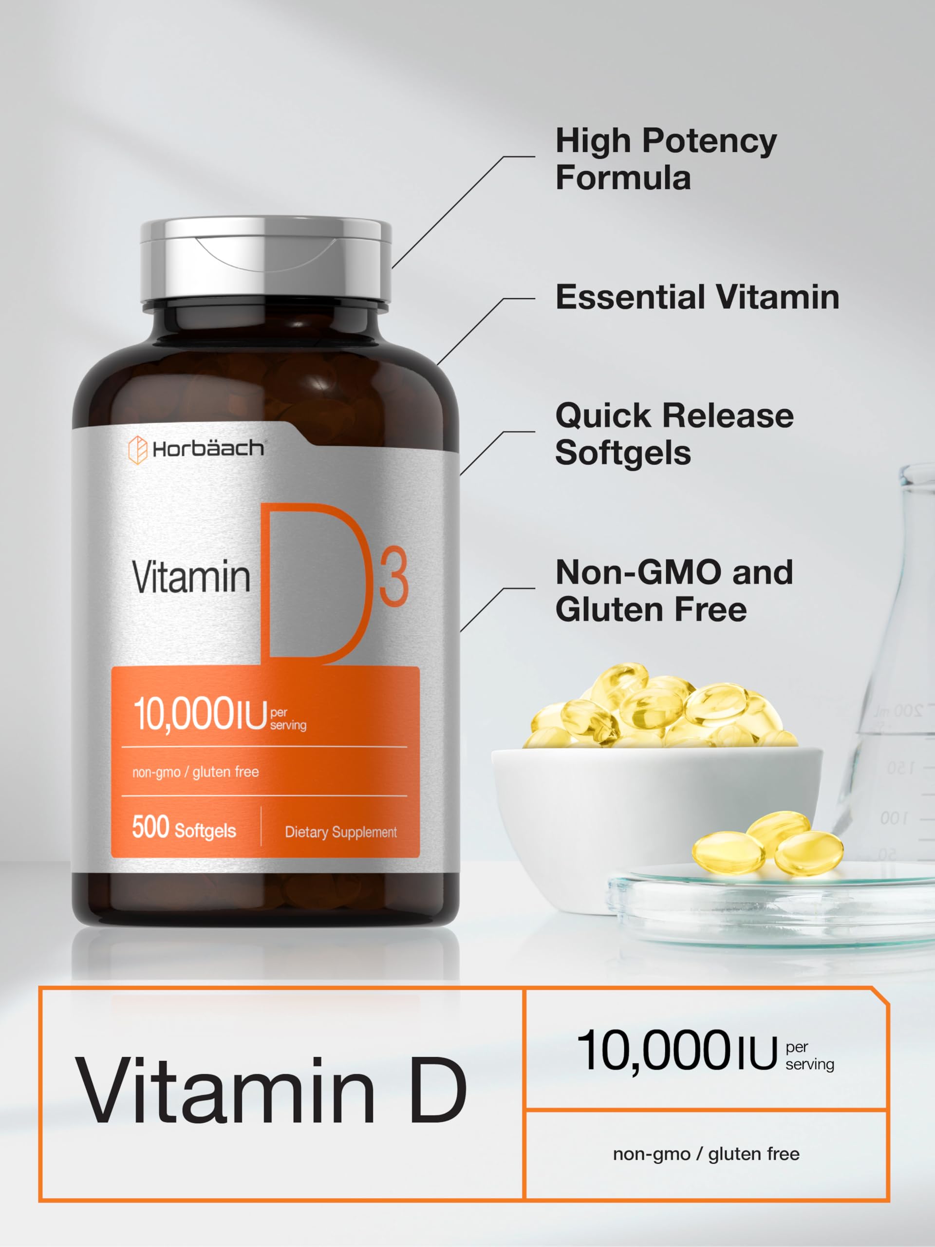 Lab-tested Horbaach Vitamin D3 formula emphasizing purity and quality.