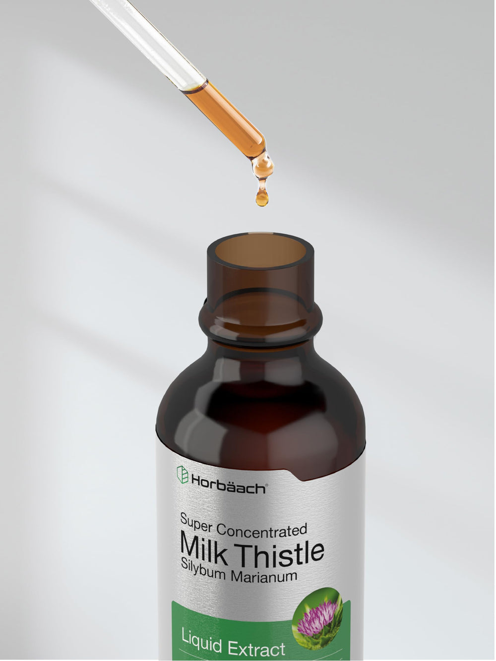 Horbaach Milk Thistle Liquid lab-tested quality badge on packaging.