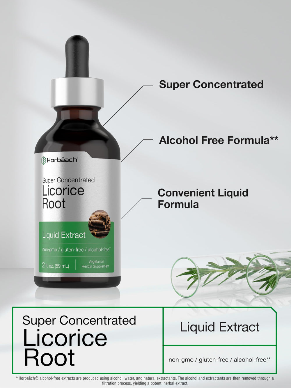Horbäach Licorice Root Extract amber bottle indicates alcohol-free, vegan-friendly tincture