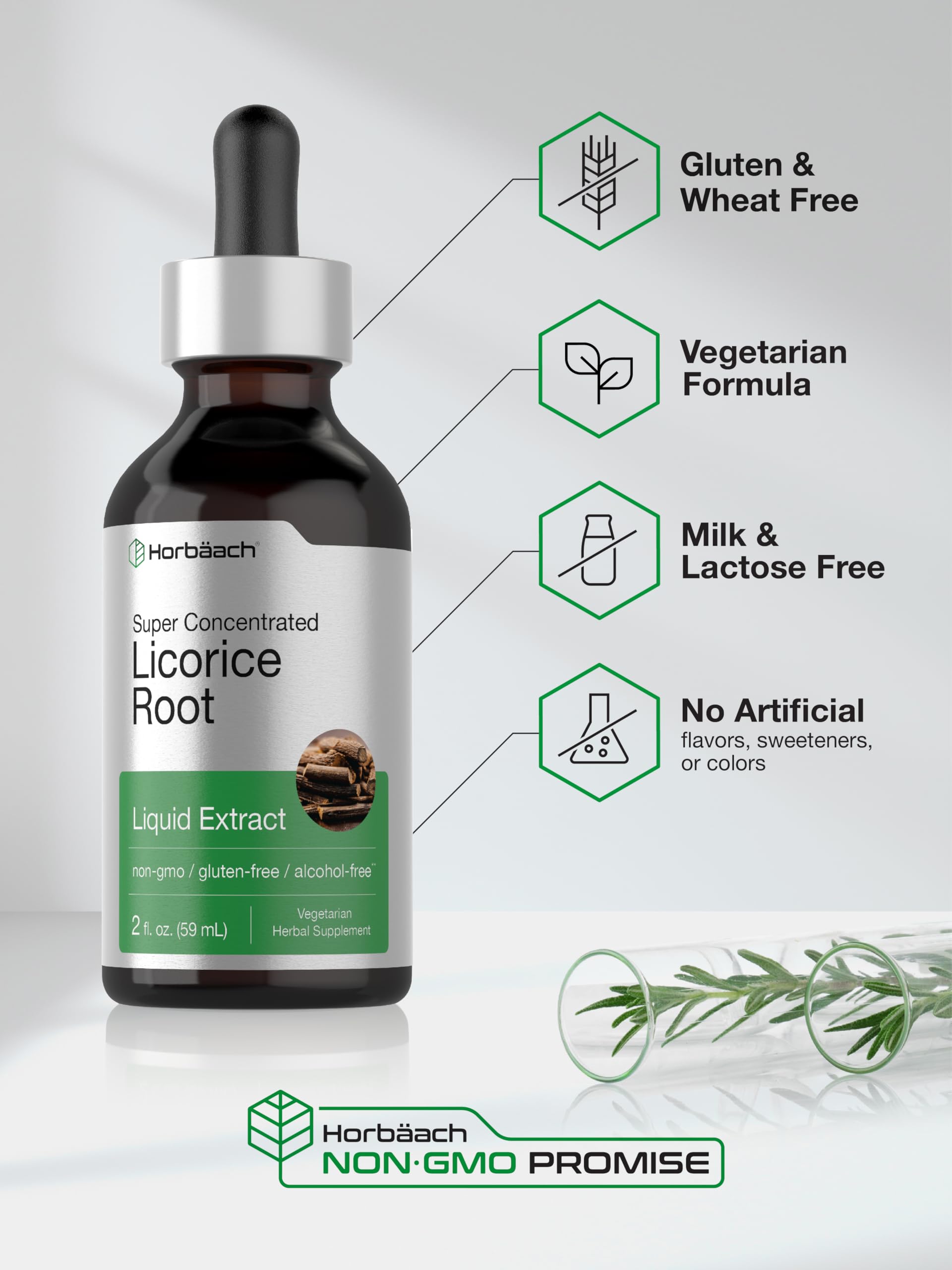 Horbäach Licorice Root Extract ingredients panel emphasizes non-GMO and allergen-free features