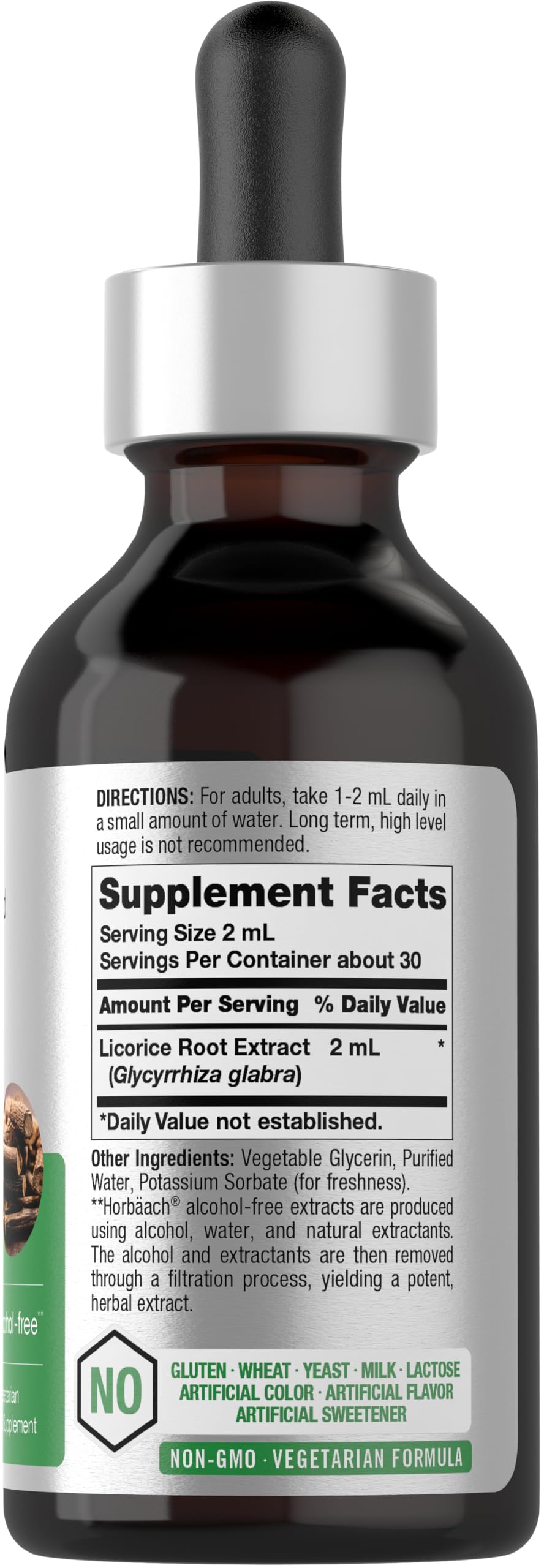 Horbäach Licorice Root Extract label highlights gluten-free and non-GMO formulation