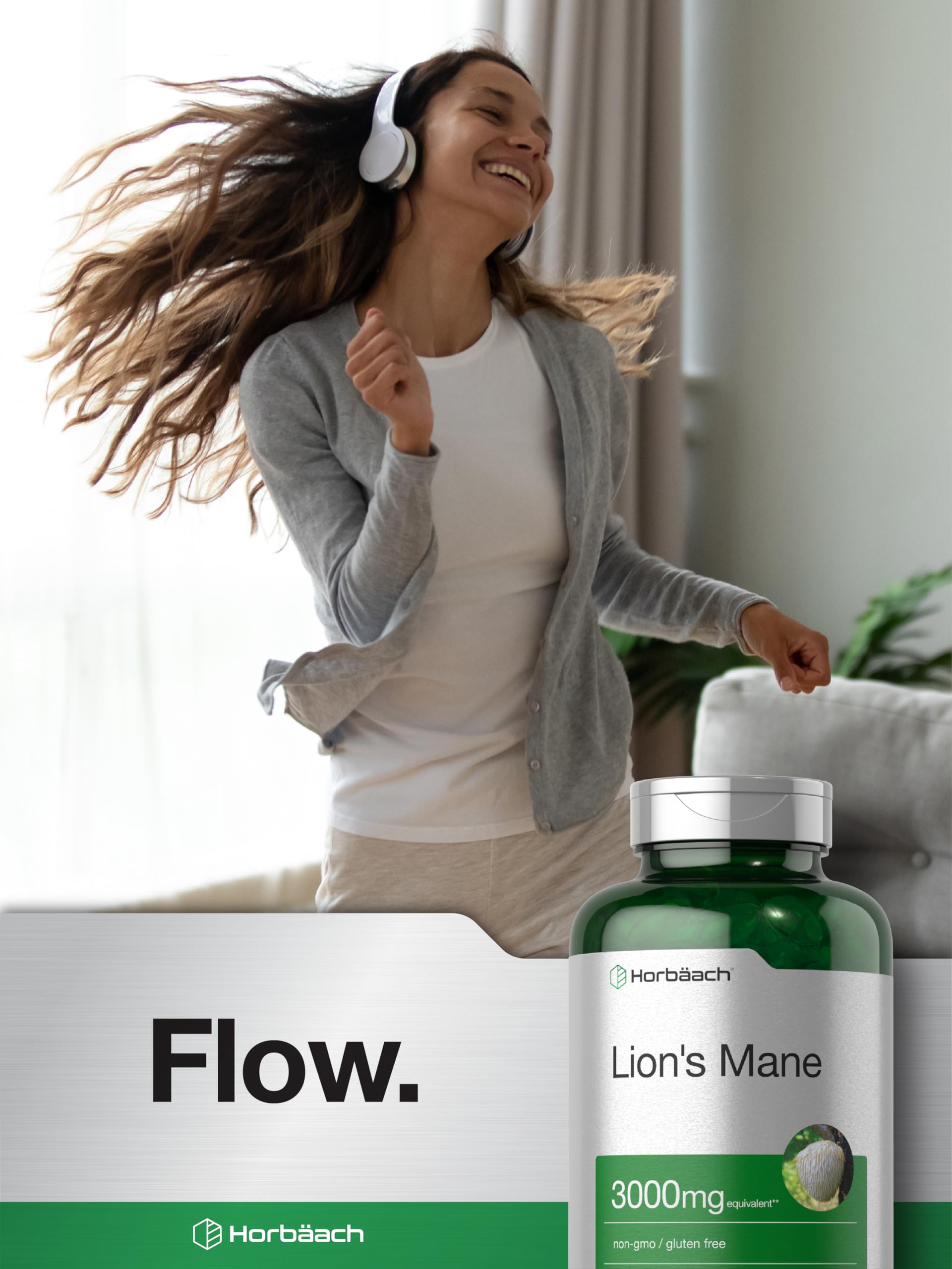 Horbäach Lions Mane bottle on wood presents premium packaging for daily wellness