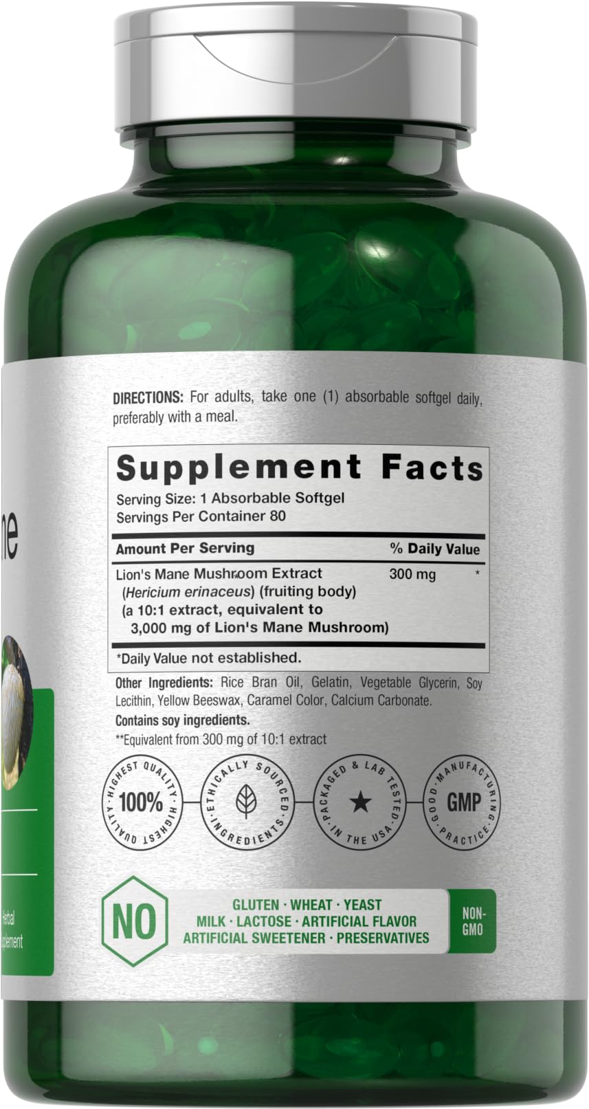 Horbäach Lions Mane softgel cap closeup shows smooth, easy-to-swallow capsules