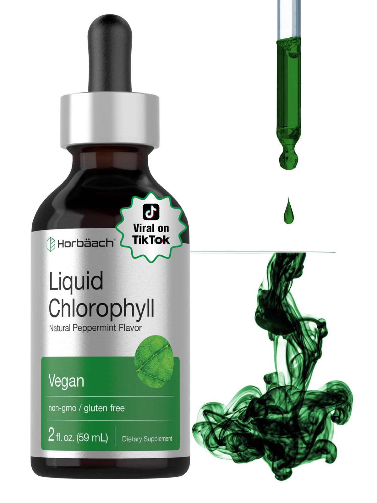 Horbäach Liquid Chlorophyll Drops bottle with vegan, gluten-free formula for daily vitality.