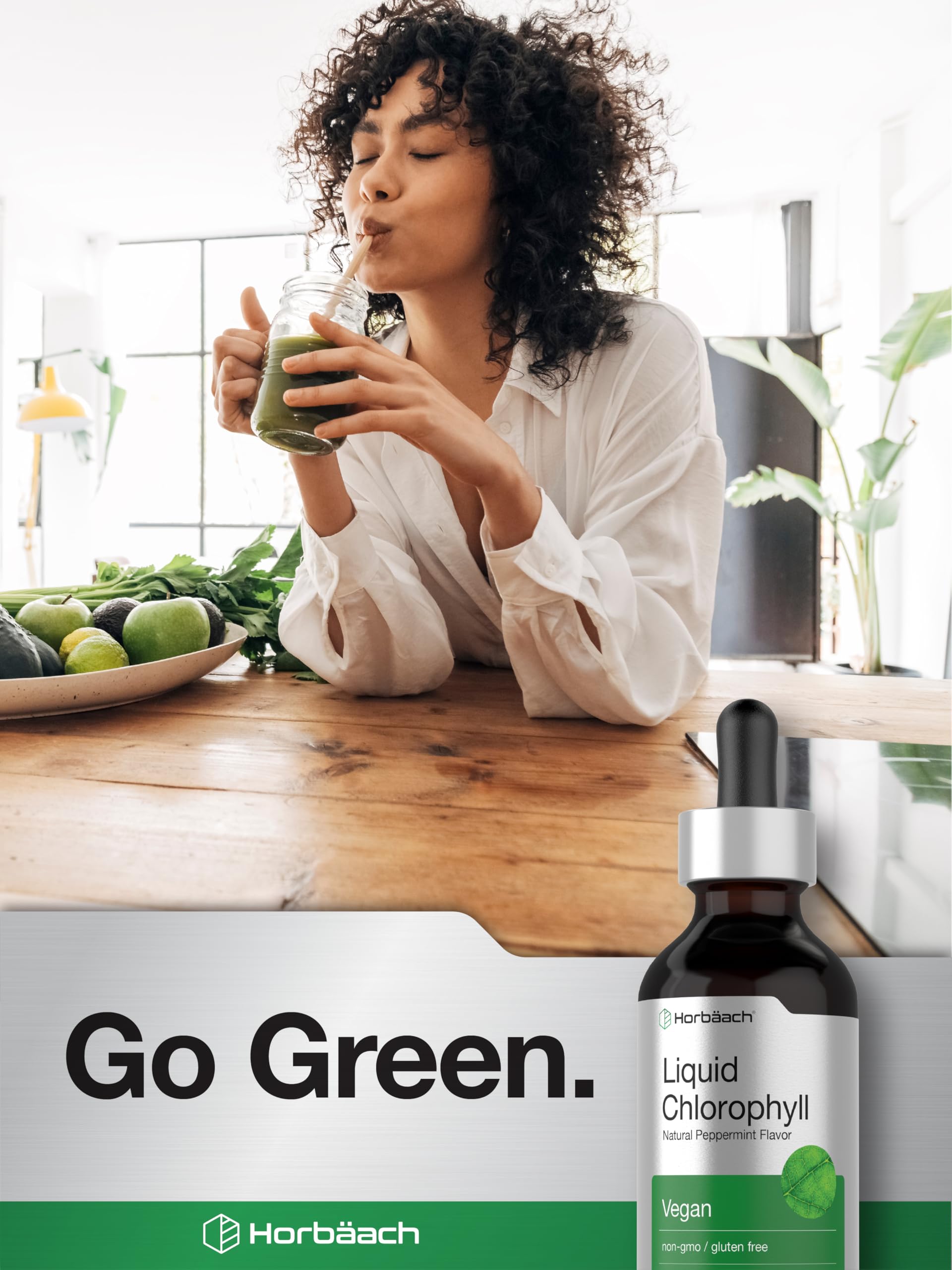Horbäach Liquid Chlorophyll Drops ingredients lab illustration conveying purity and testing.