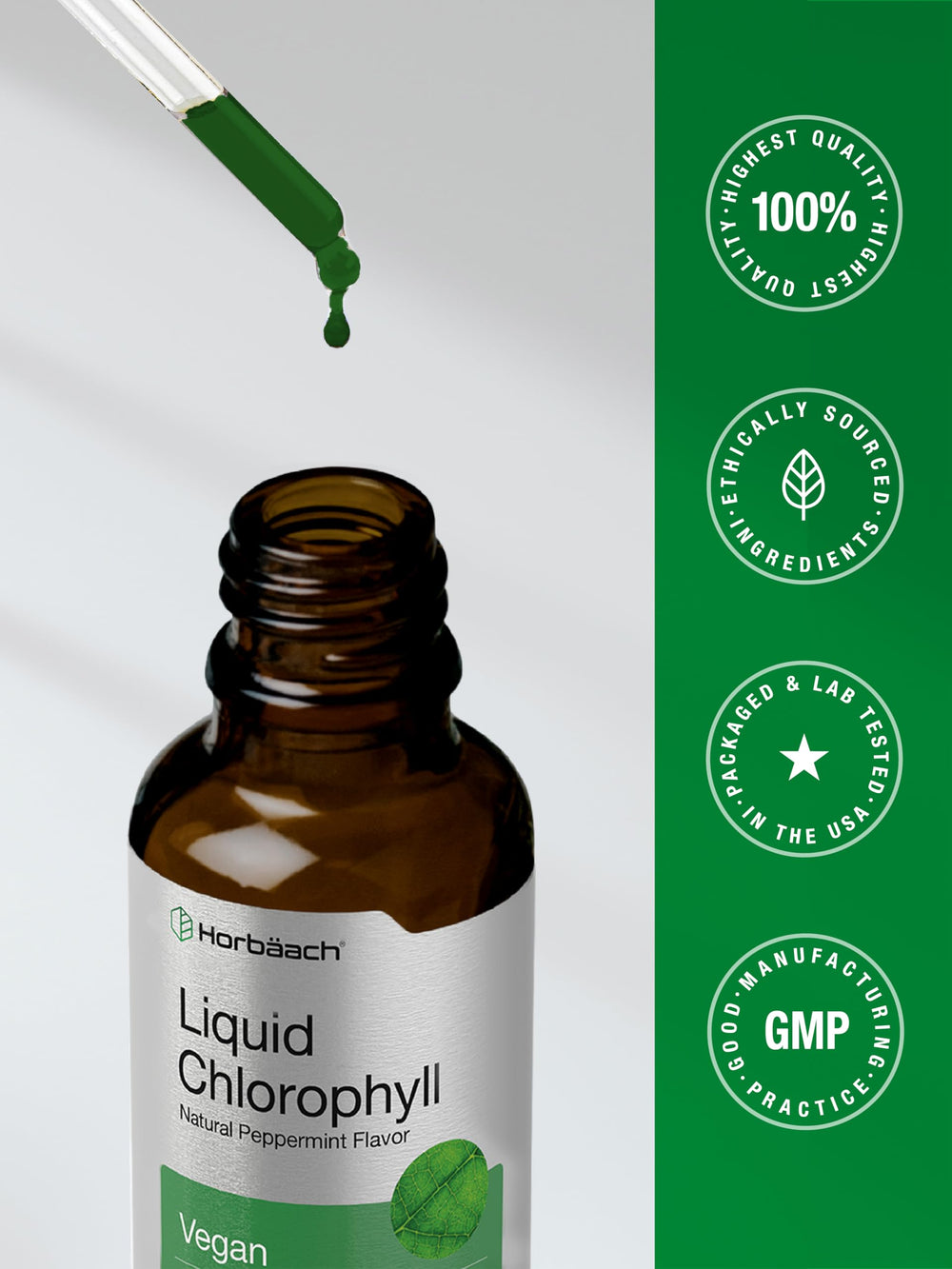 Horbäach Liquid Chlorophyll Drops vegan formula suitable for plant-based lifestyles.