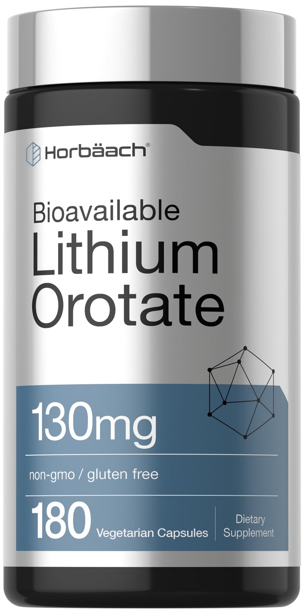 Horbäach Lithium Orotate 130 mg bottle for easy daily dosing