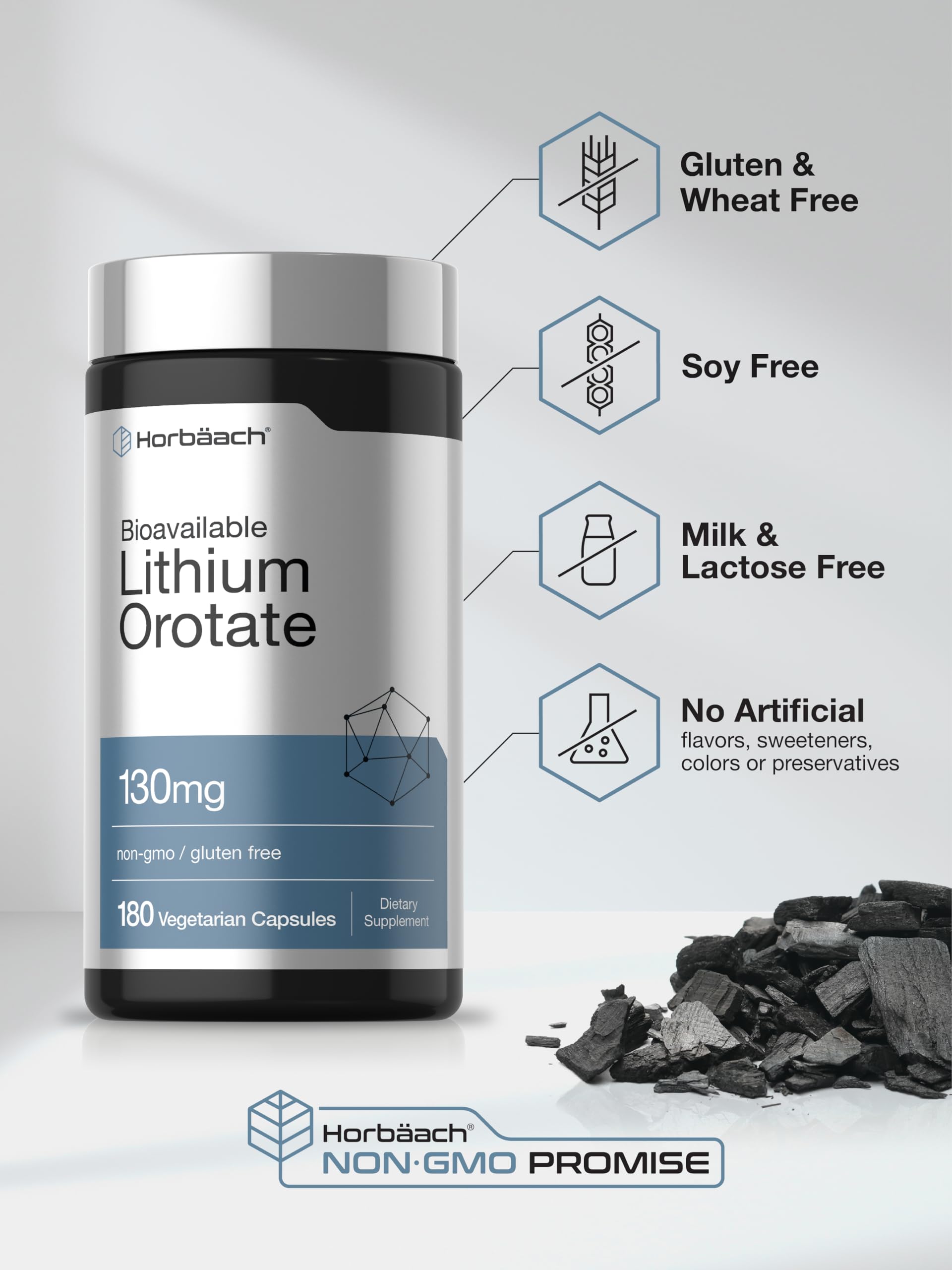 Horbäach Lithium Orotate 130 mg glass bottle closeup emphasizes purity
