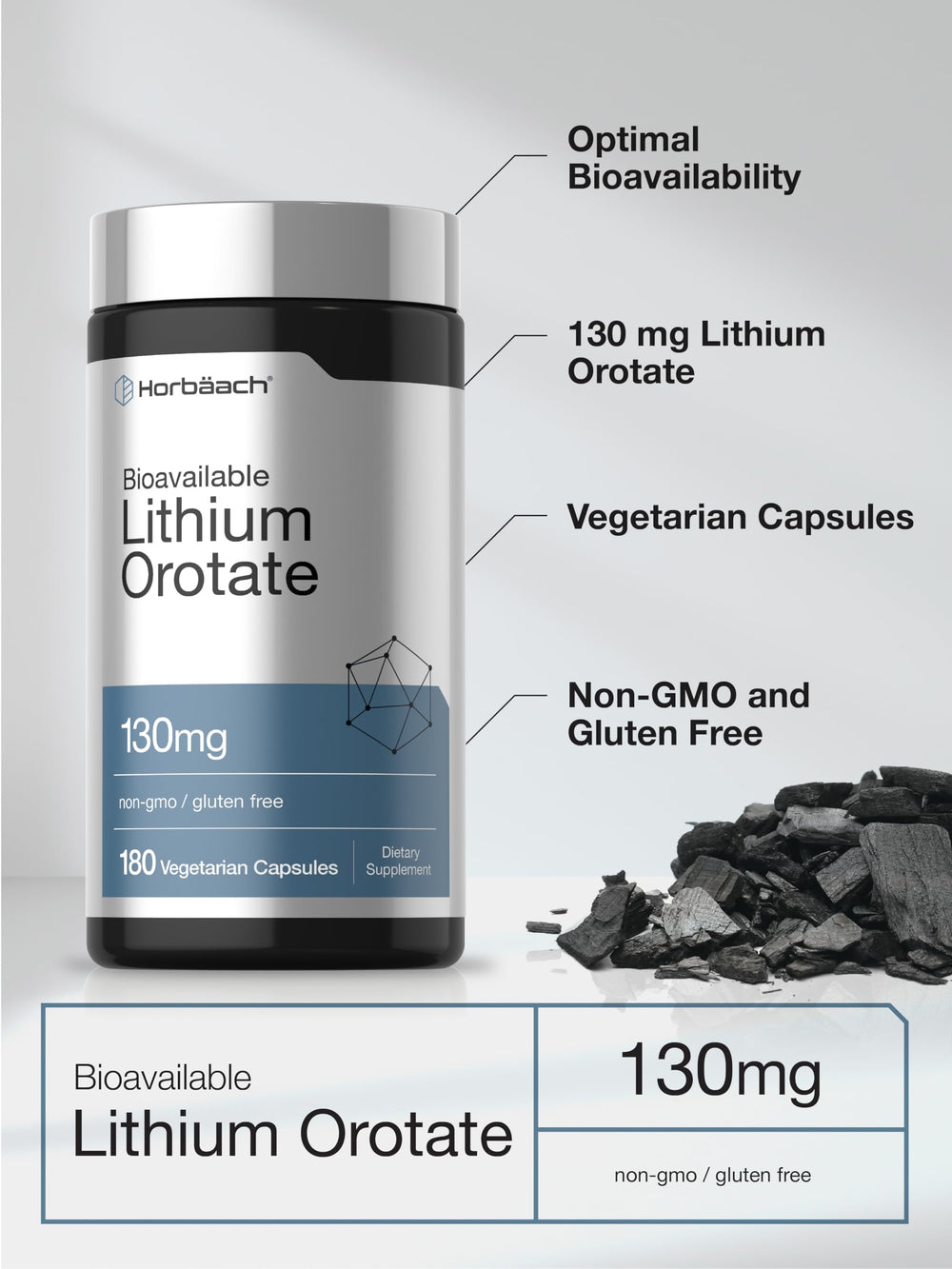 Horbäach Lithium Orotate 130 mg packaging front highlights vegan, non-GMO features