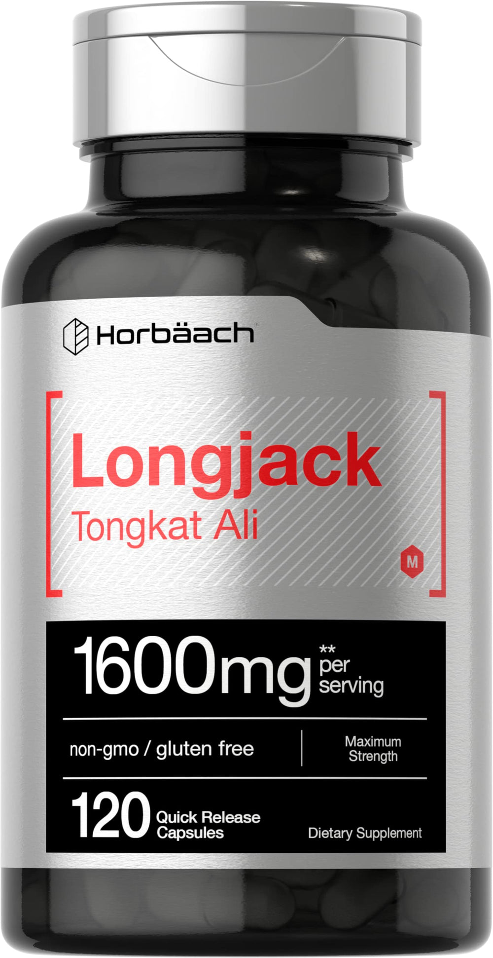 Horbaach Longjack Tongkat Ali capsules bottle label close-up for daily vitality.