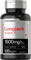 Horbaach Longjack Tongkat Ali capsules bottle label close-up for daily vitality.