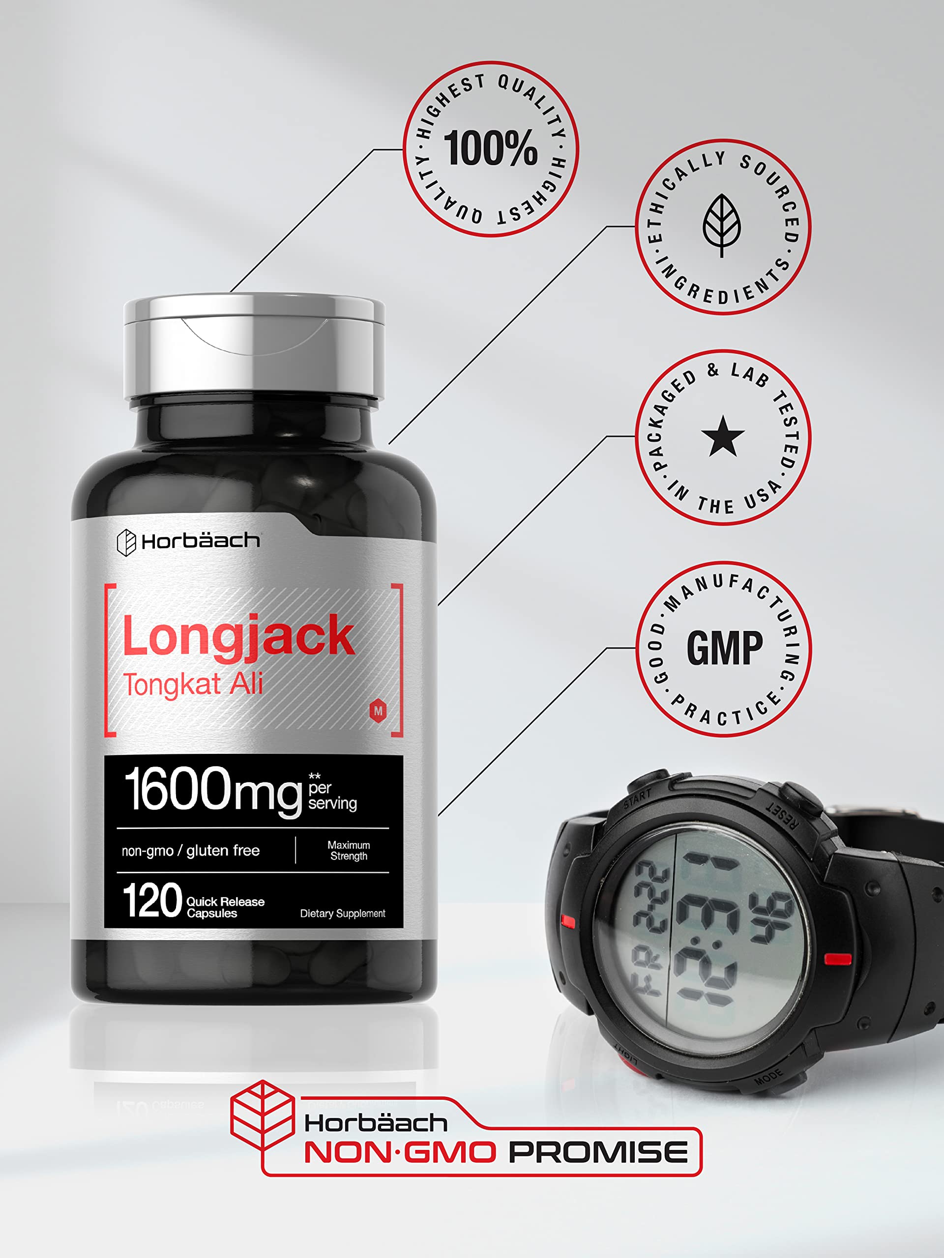 Horbaach Longjack Tongkat Ali capsules label showing ingredients highlights.