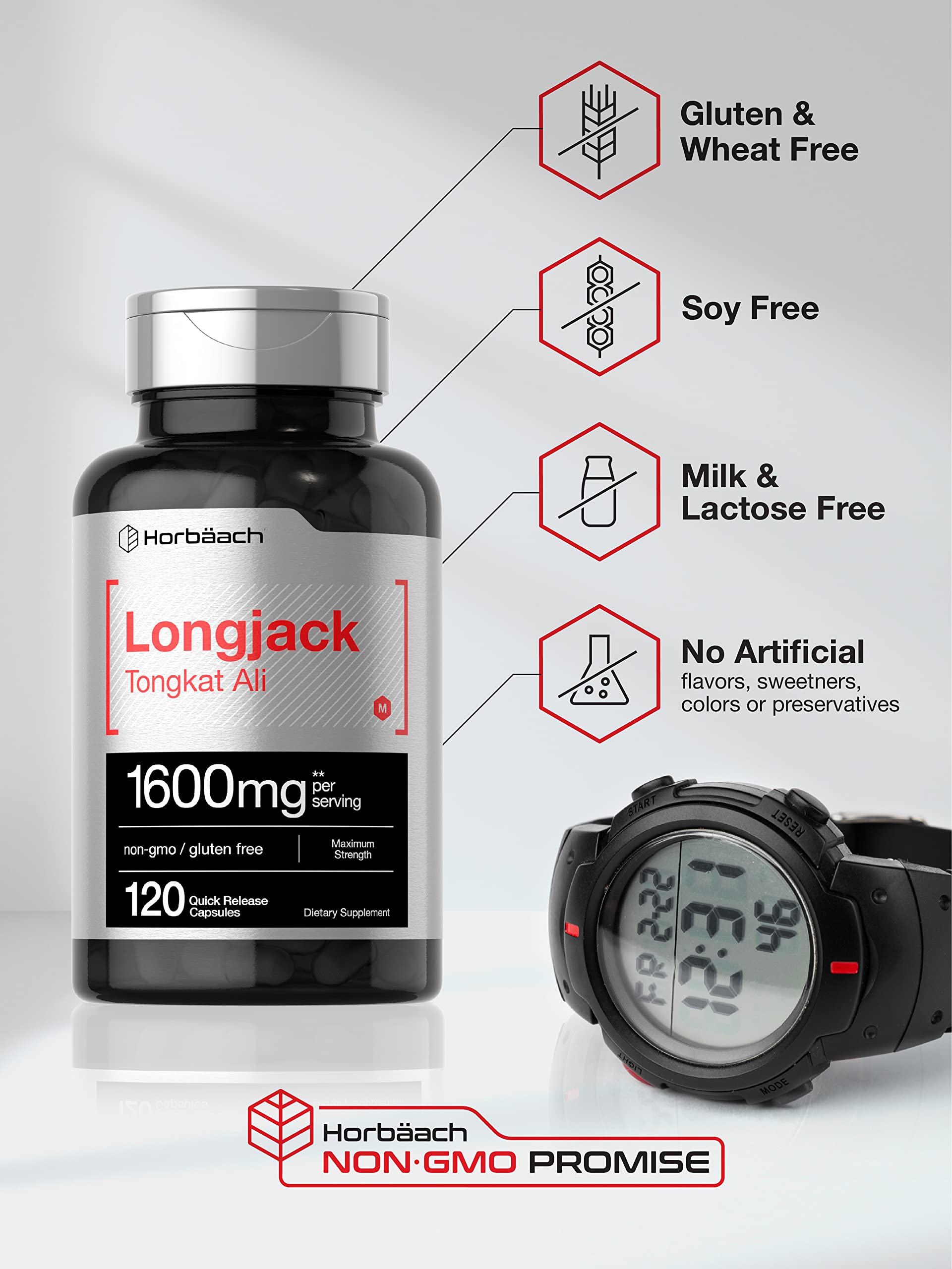 Horbaach Longjack Tongkat Ali capsules arranged for morning routine.