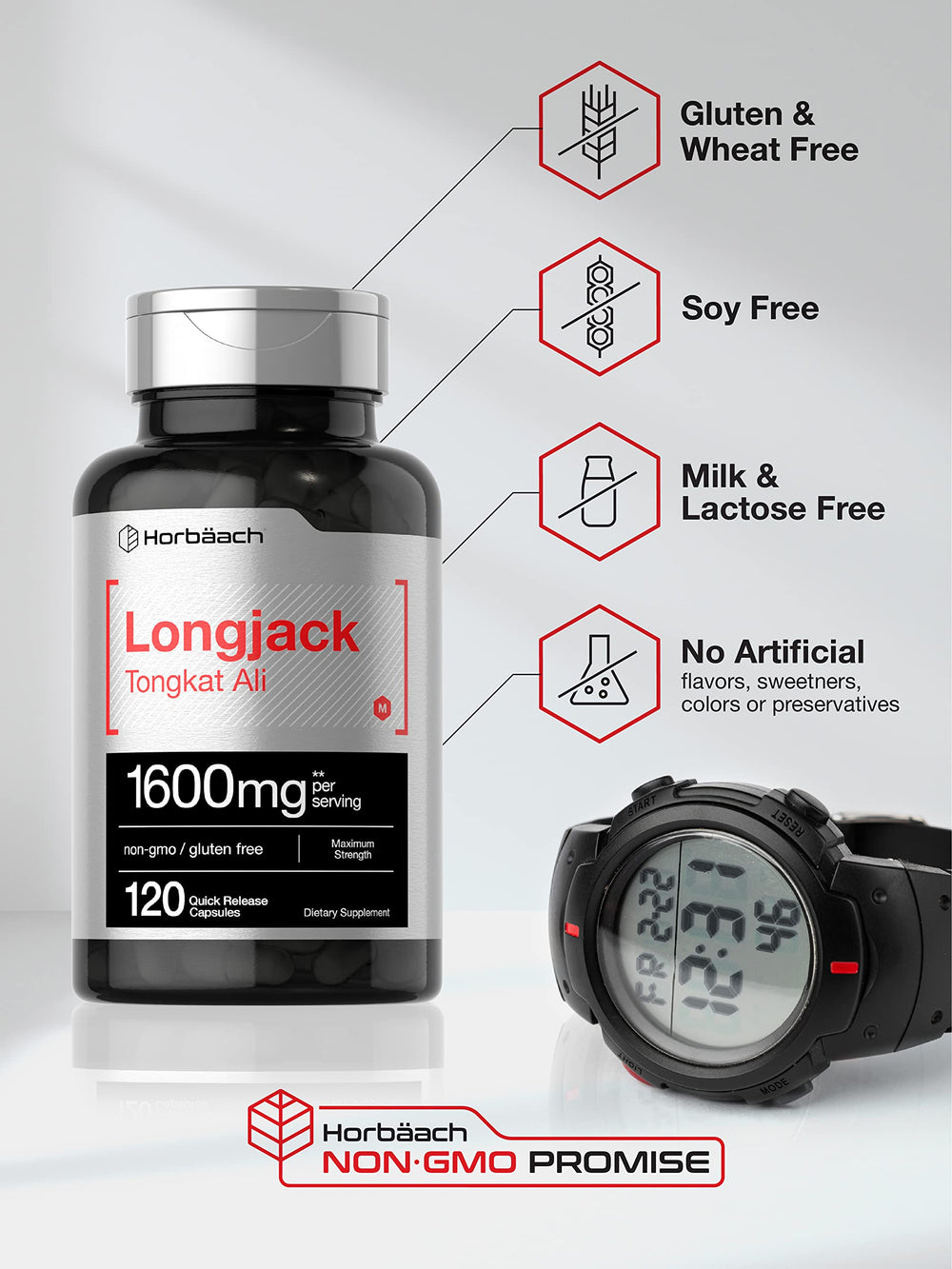 Horbaach Longjack Tongkat Ali capsules arranged for morning routine.