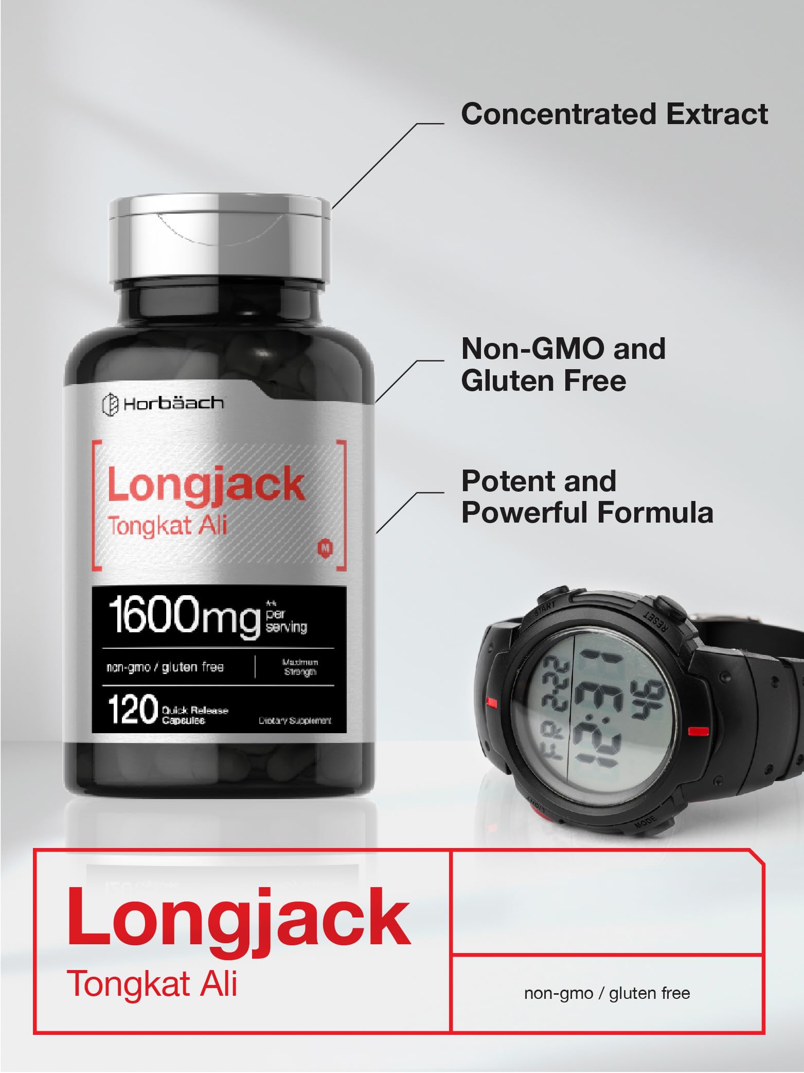 Horbaach Longjack Tongkat Ali capsules packaging front highlighting quality.