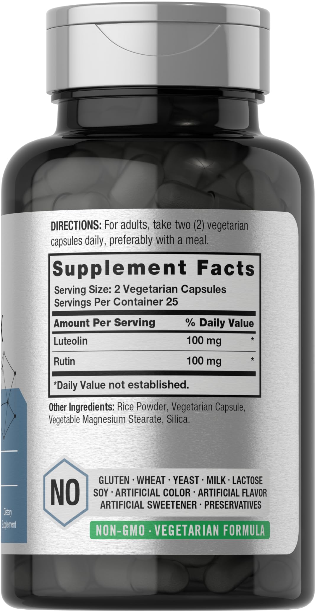 Close-up of Horbäach luteolin complex capsules emphasizing vegetarian formula