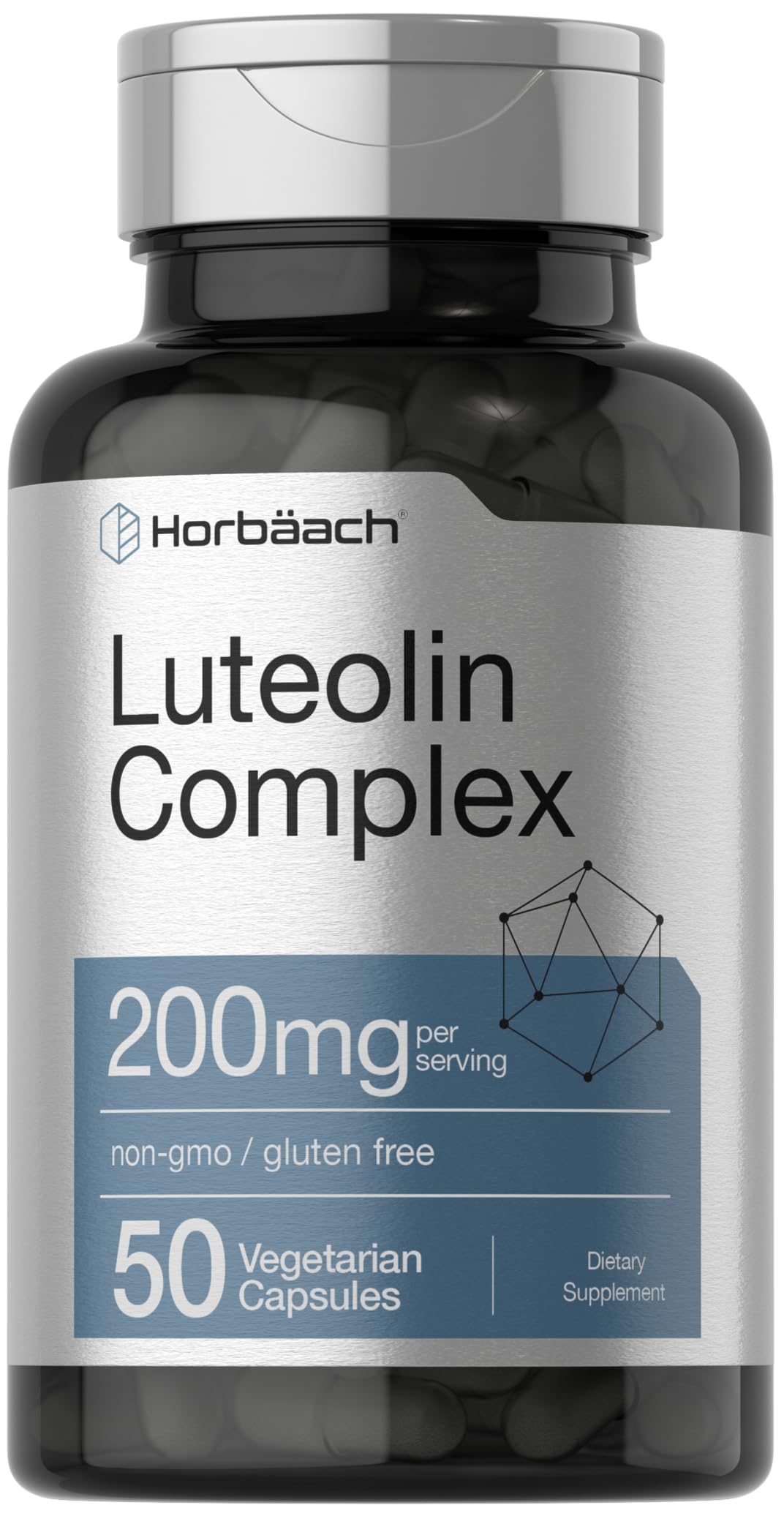 Horbäach Luteolin Supplement bottle shows the 50 mg luteolin and 50 mg rutin per capsule for daily use