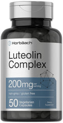 Horbäach Luteolin Supplement bottle shows the 50 mg luteolin and 50 mg rutin per capsule for daily use