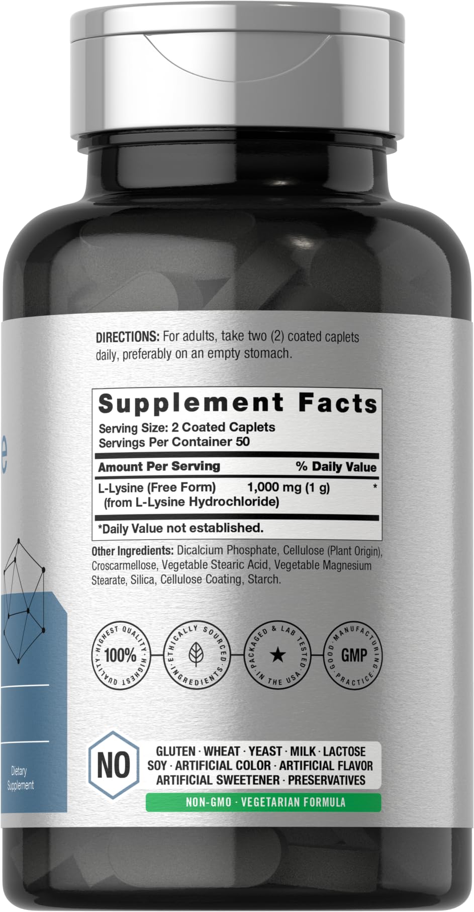 Horbäach L-Lysine label highlights purity and potency of the caplets.