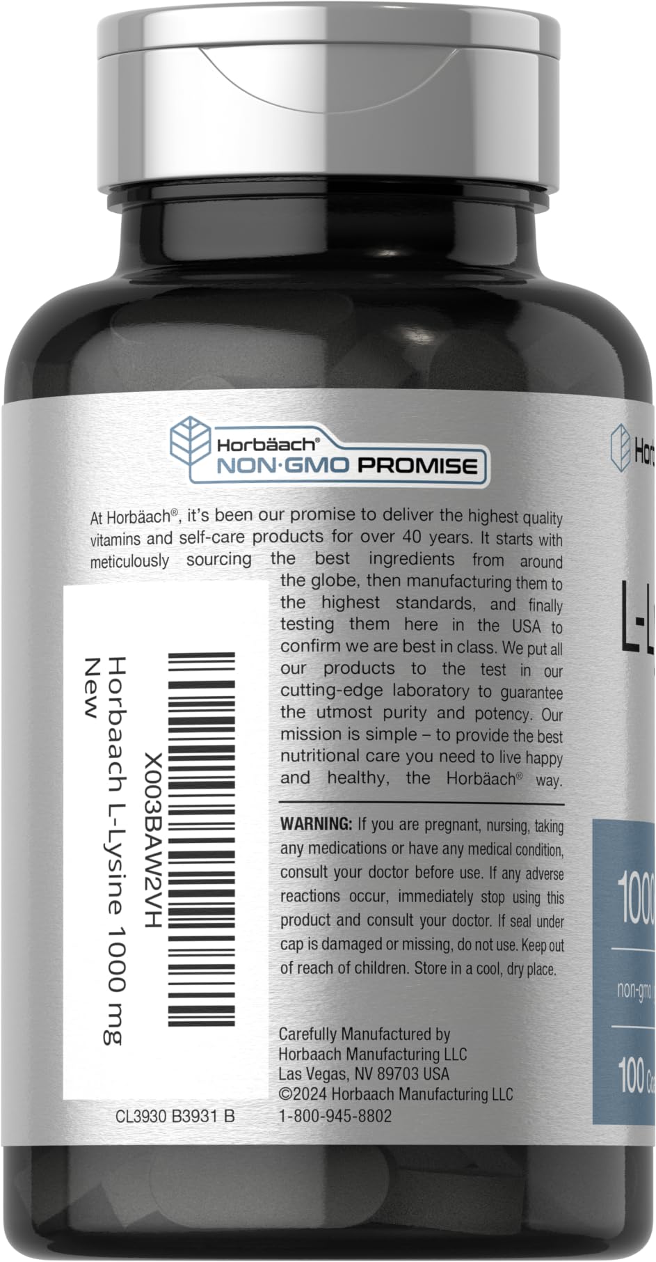 Horbäach L-Lysine bottle silhouette shows compact daily use packaging.