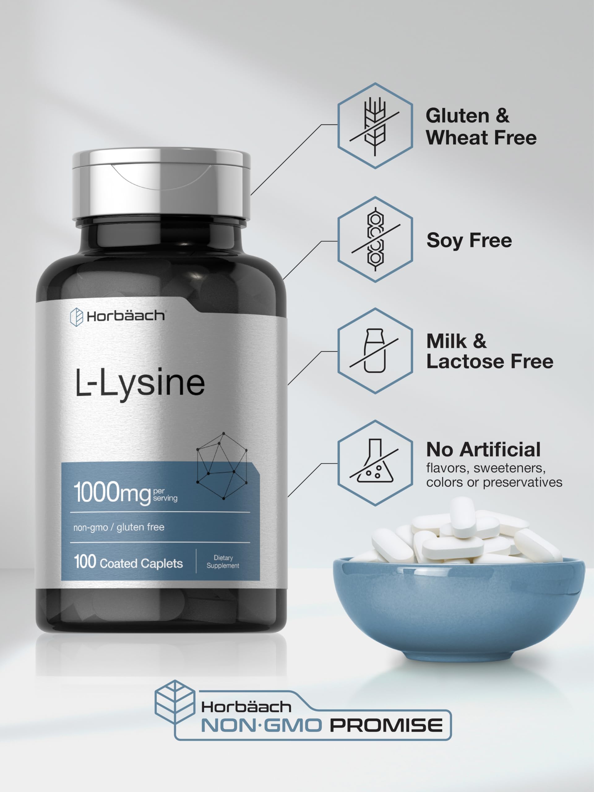 Horbäach L-Lysine ingredients panel emphasizes clean formula.