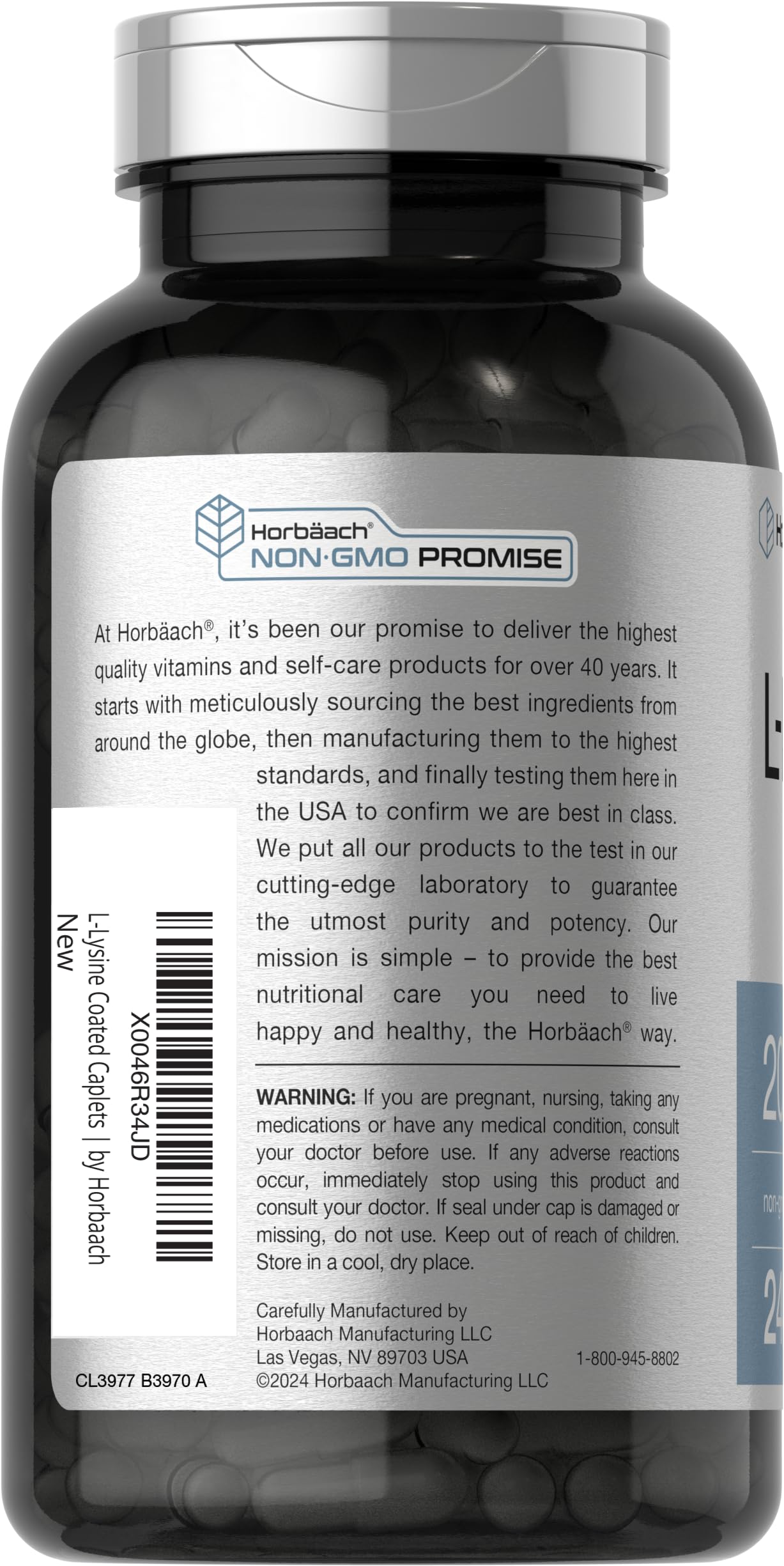 Label details show Horbäach L-Lysine gluten-free formula.