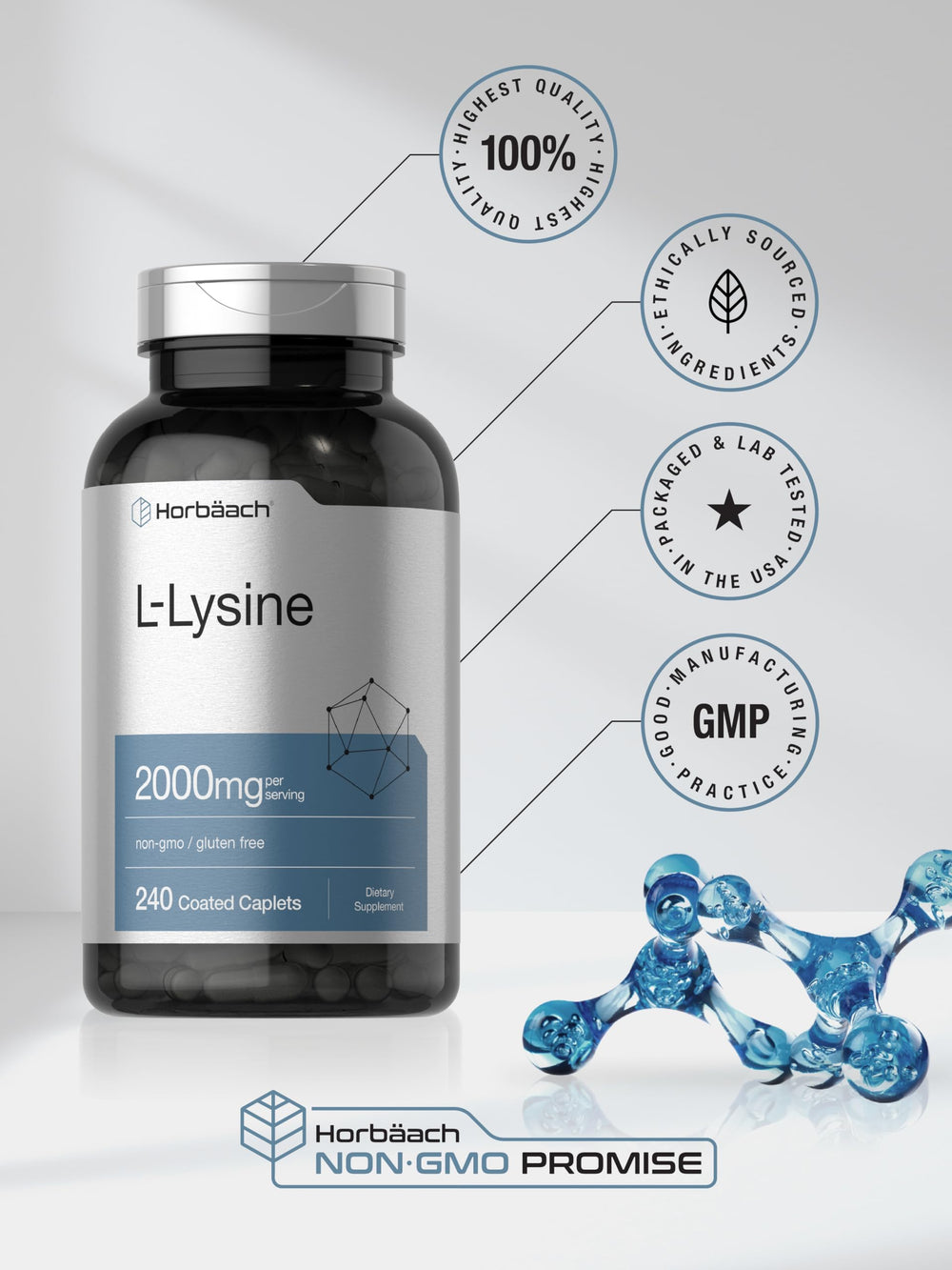 Purity testing seal on Horbäach L-Lysine caplet container.