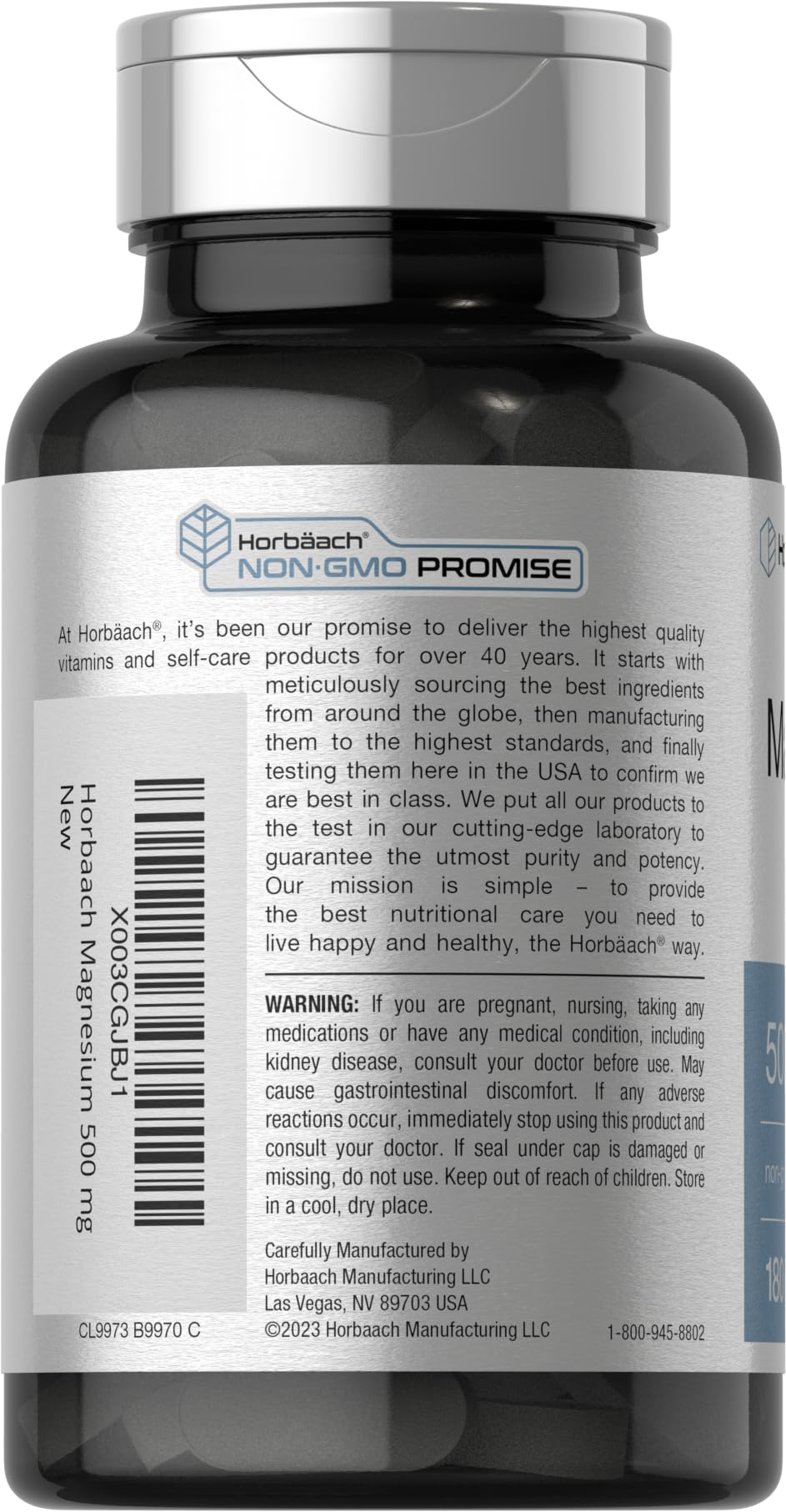 Horbäach Magnesium 500mg bottle back label reveals ingredients and dosage details.