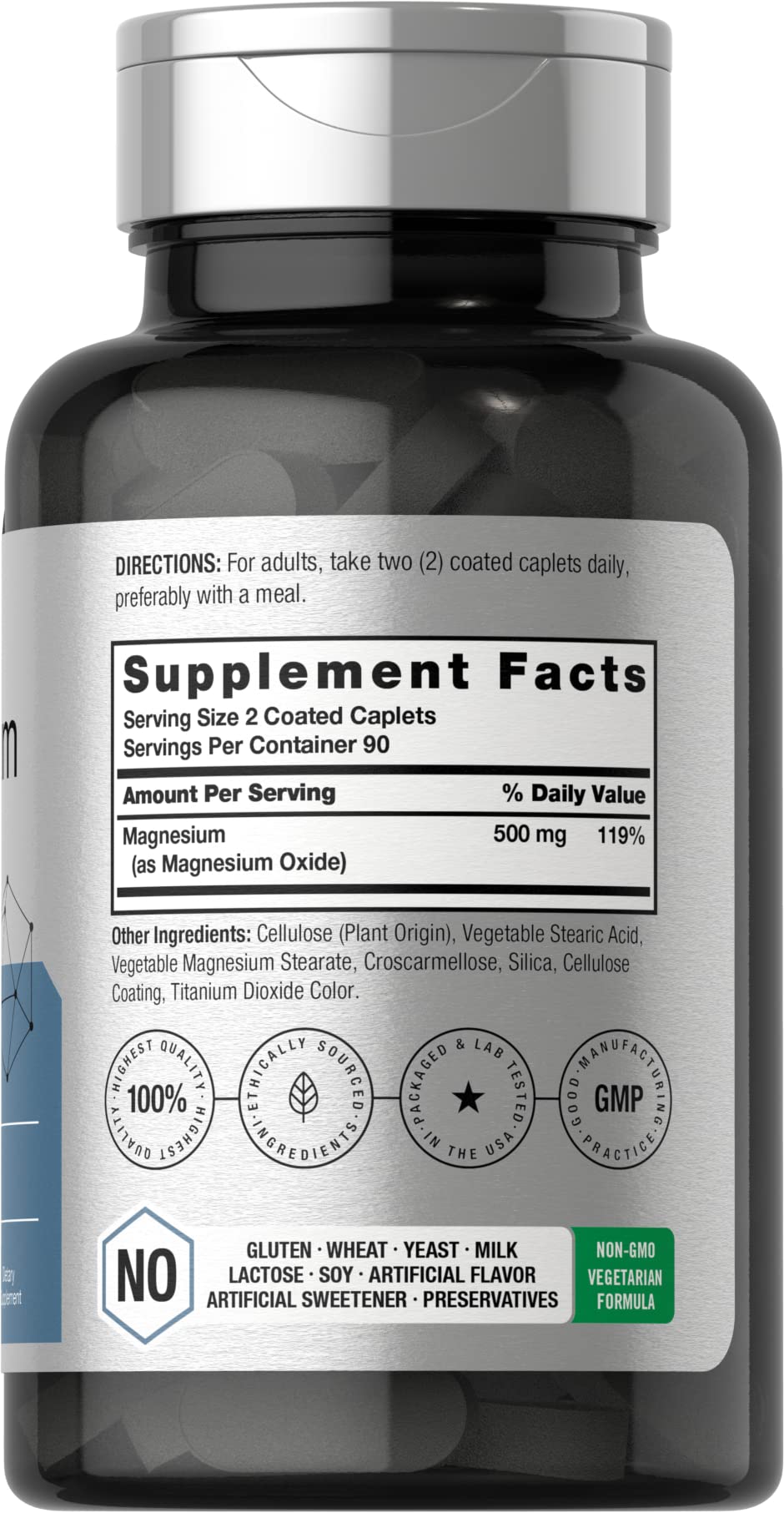 Horbäach Magnesium 500mg caplets closeup highlights coated, easy-to-swallow tablets.