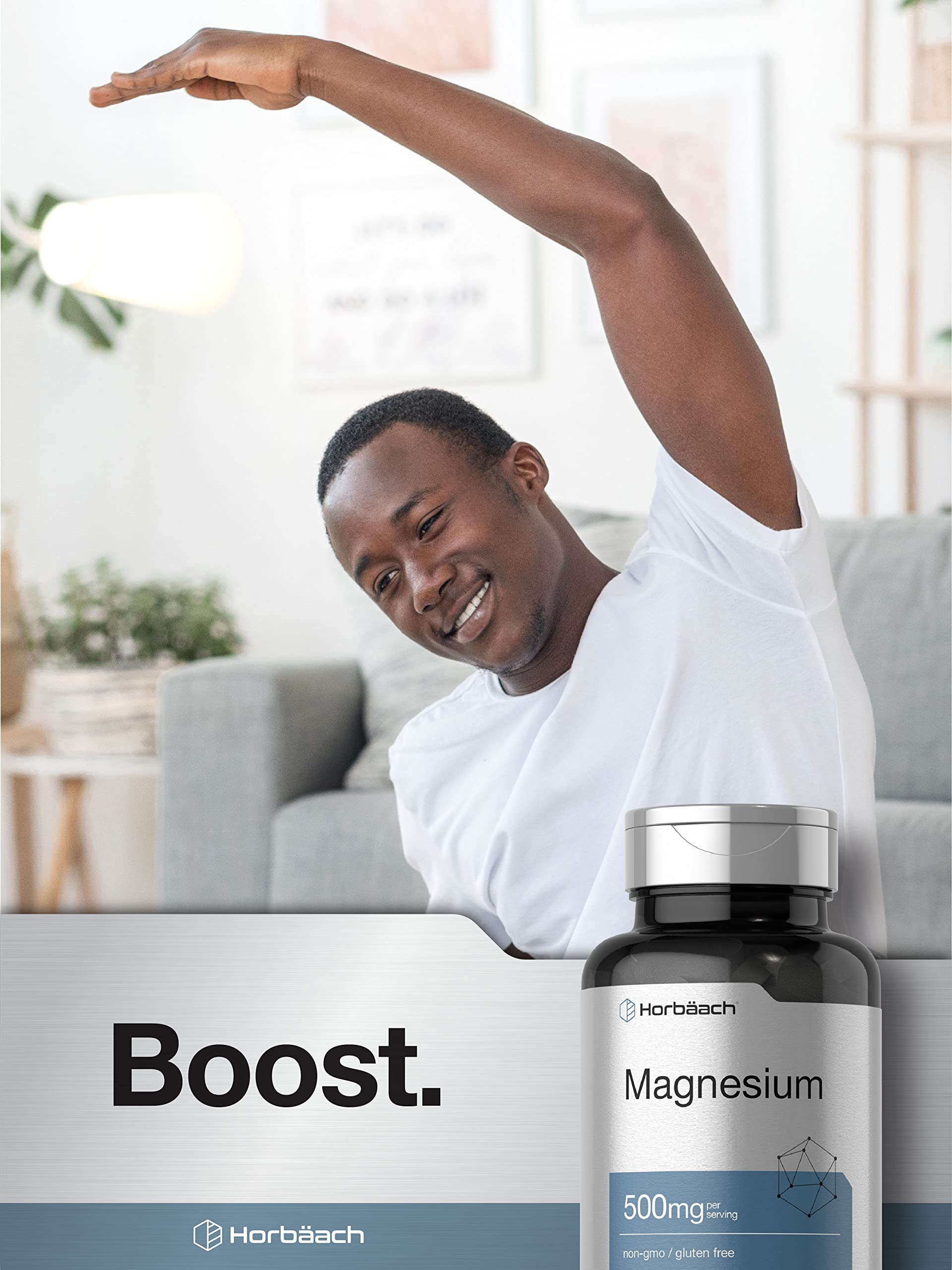 Horbäach Magnesium 500mg packaging display emphasizes responsible production.