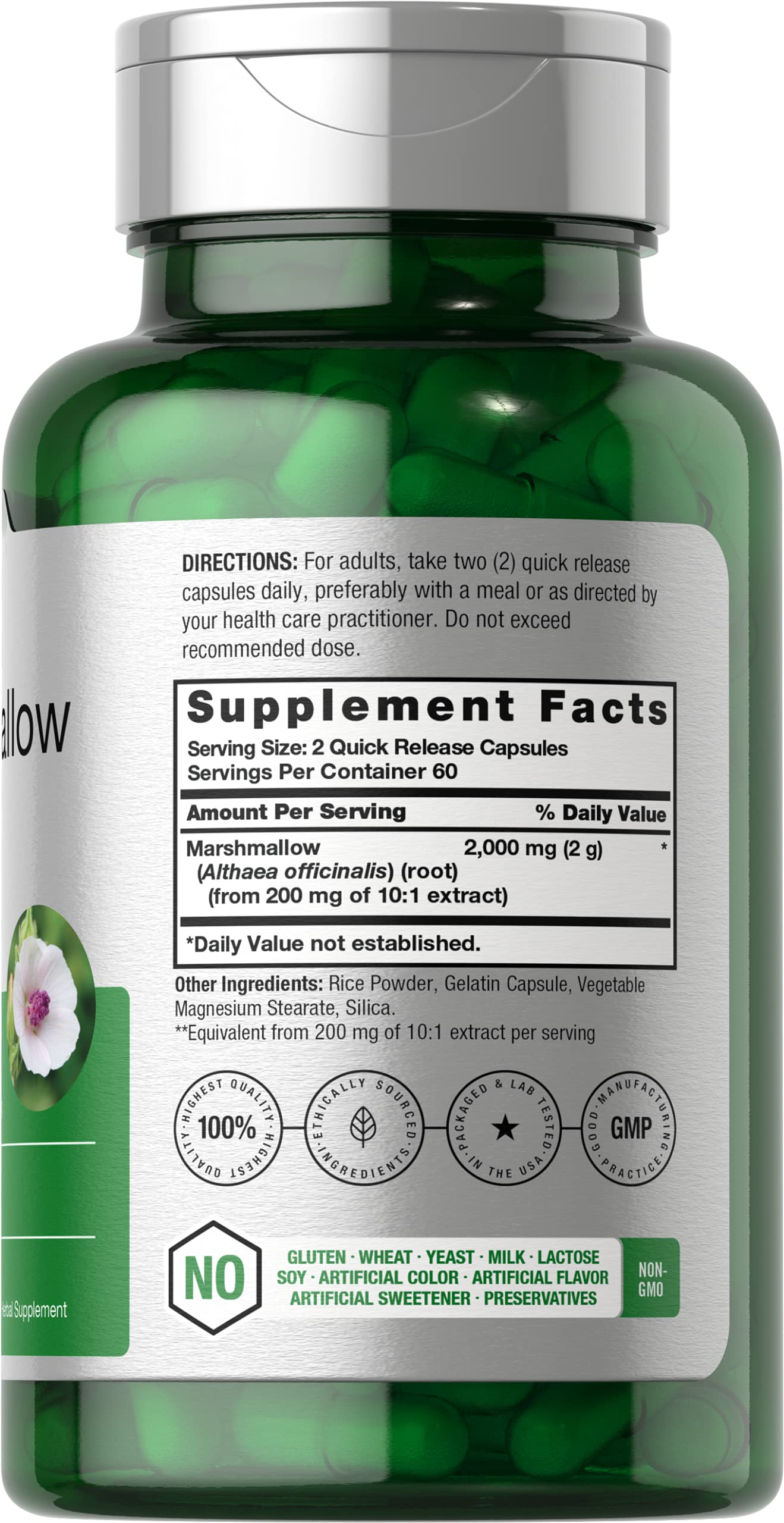 Horbaach marshmallow root capsules label highlights gluten-free and non-GMO ingredients