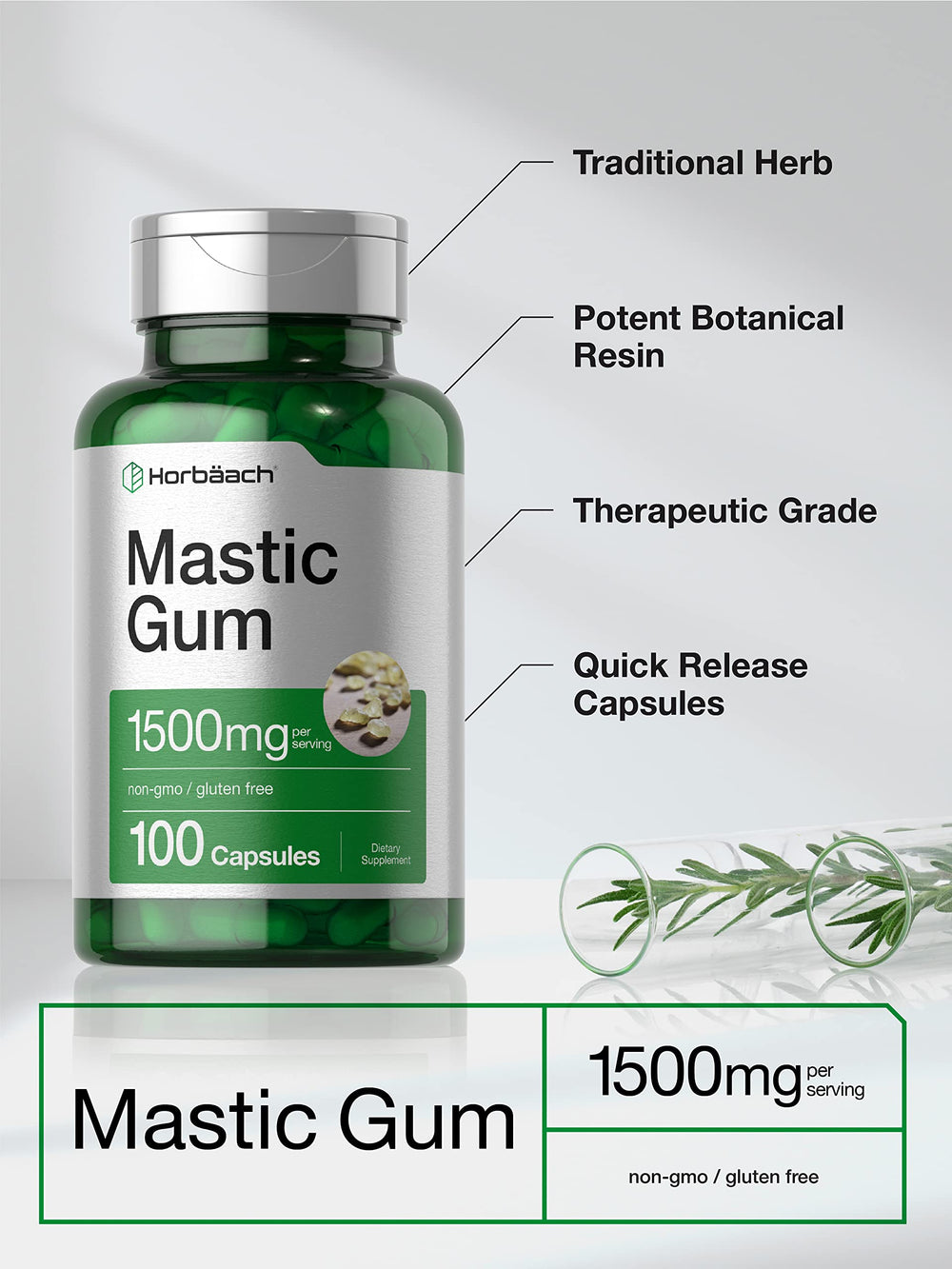 Horbaach Mastic Gum bottle back label displaying ingredients and allergen-free claims