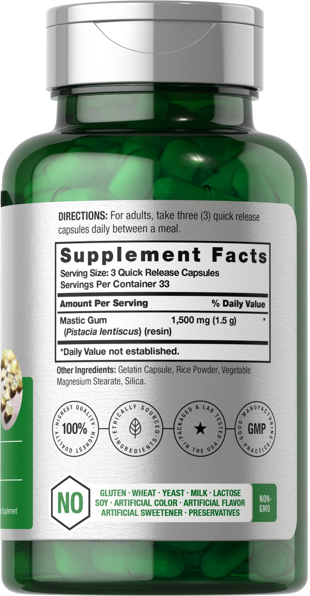 Horbaach Mastic Gum capsules close-up highlighting potency and quick-release design