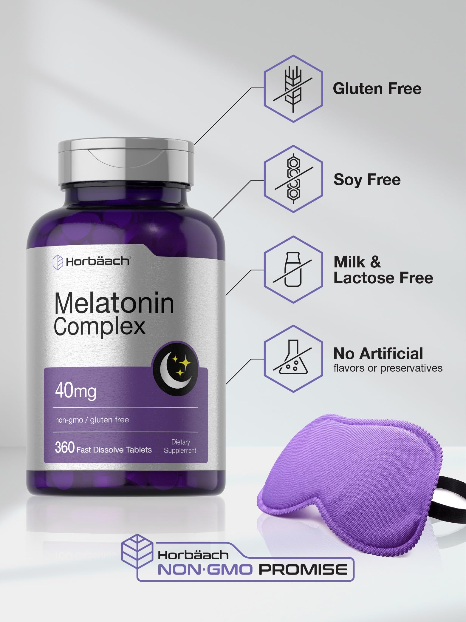 Horbäach Melatonin 40mg Complex vegetarian formula icon emphasizes plant-based ingredients